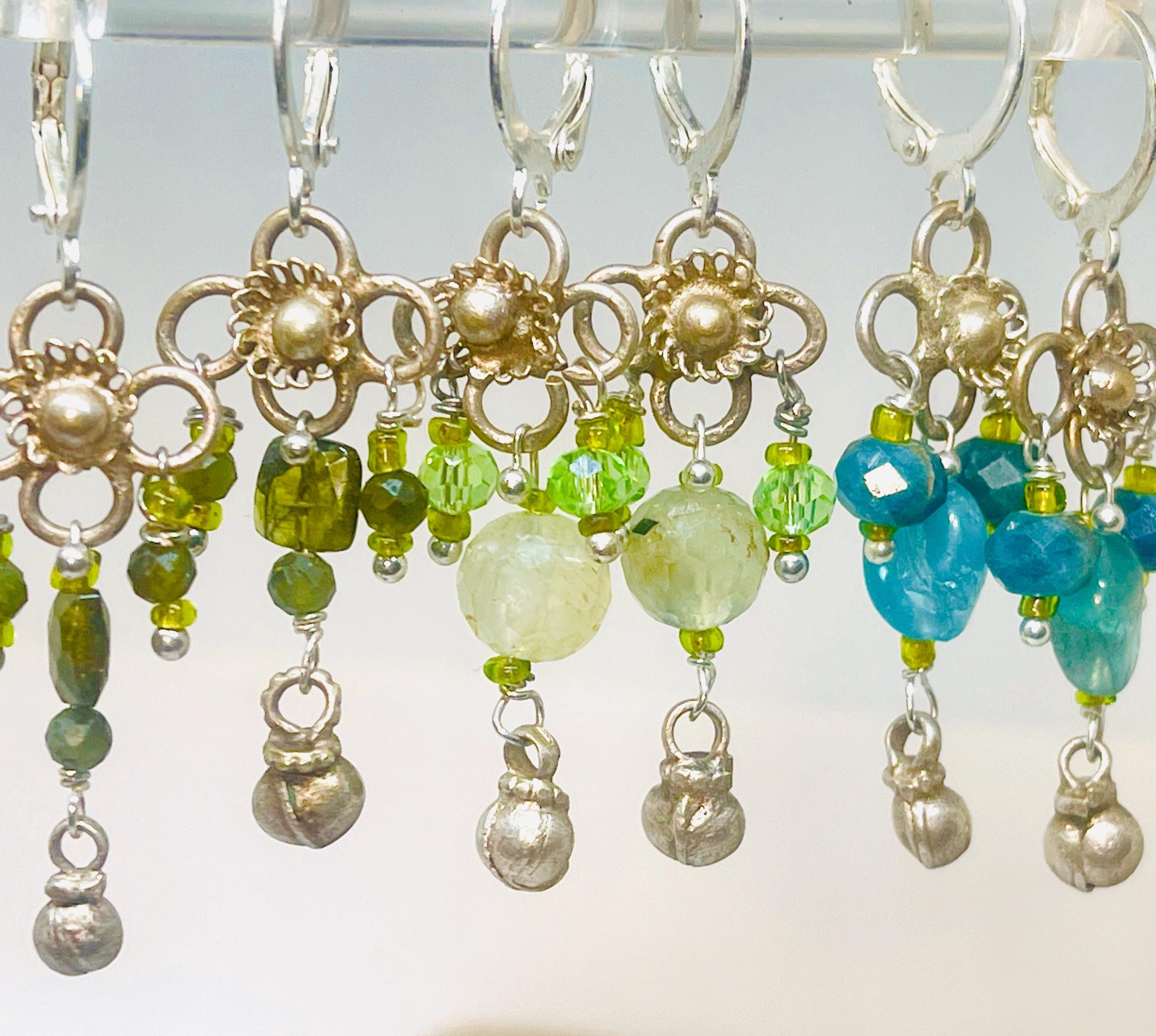 Recycled Silver Gemstone Drop Earrings: Boho Peridot Apatite Jewelry - Image 9
