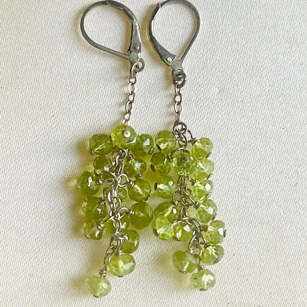 Sterling Silver Peridot Drop Earrings, Dangle Gemstone Cluster