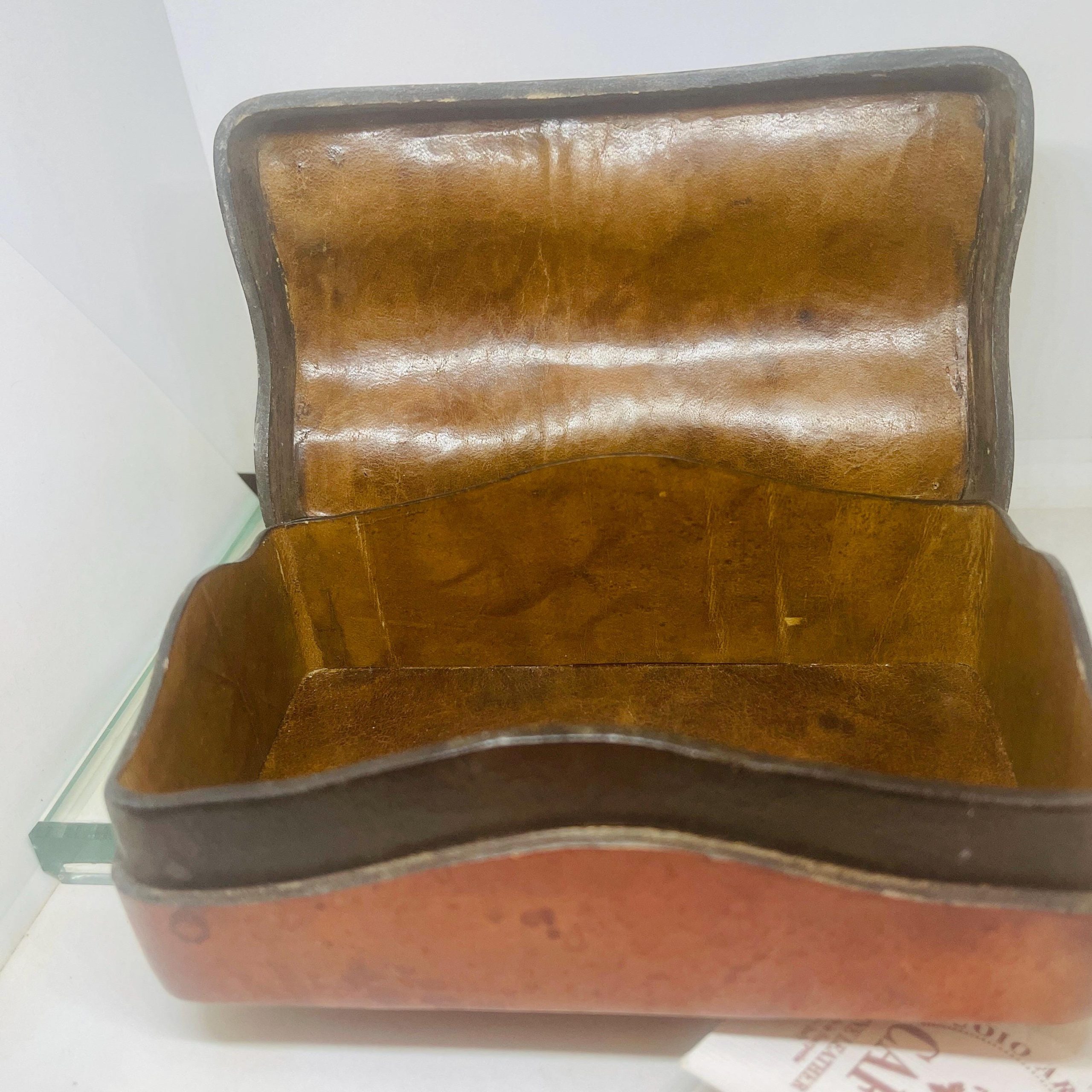 Antique Italian Leather Jewelry Box: Red Leather Keepsake, Old World Decor - Image 9