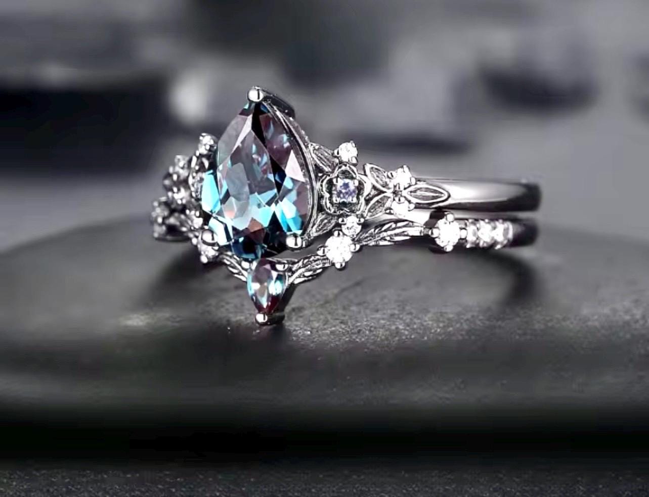 Gothic Pear Cut CZ Ring Set: Black Patina Silver Size 9