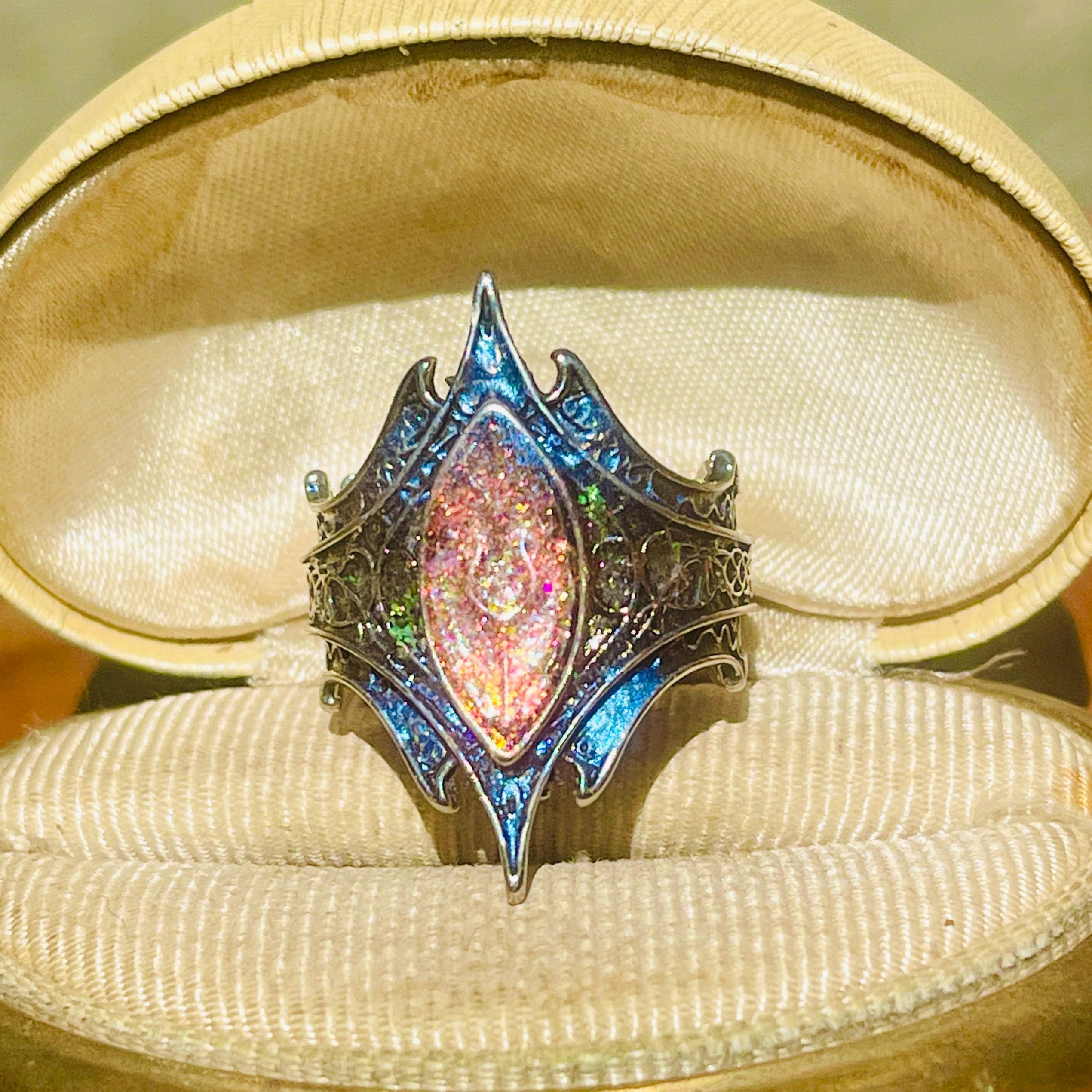 Gothic Stained Glass Window Ring: Aurora Opal Silver Arch - Image 8