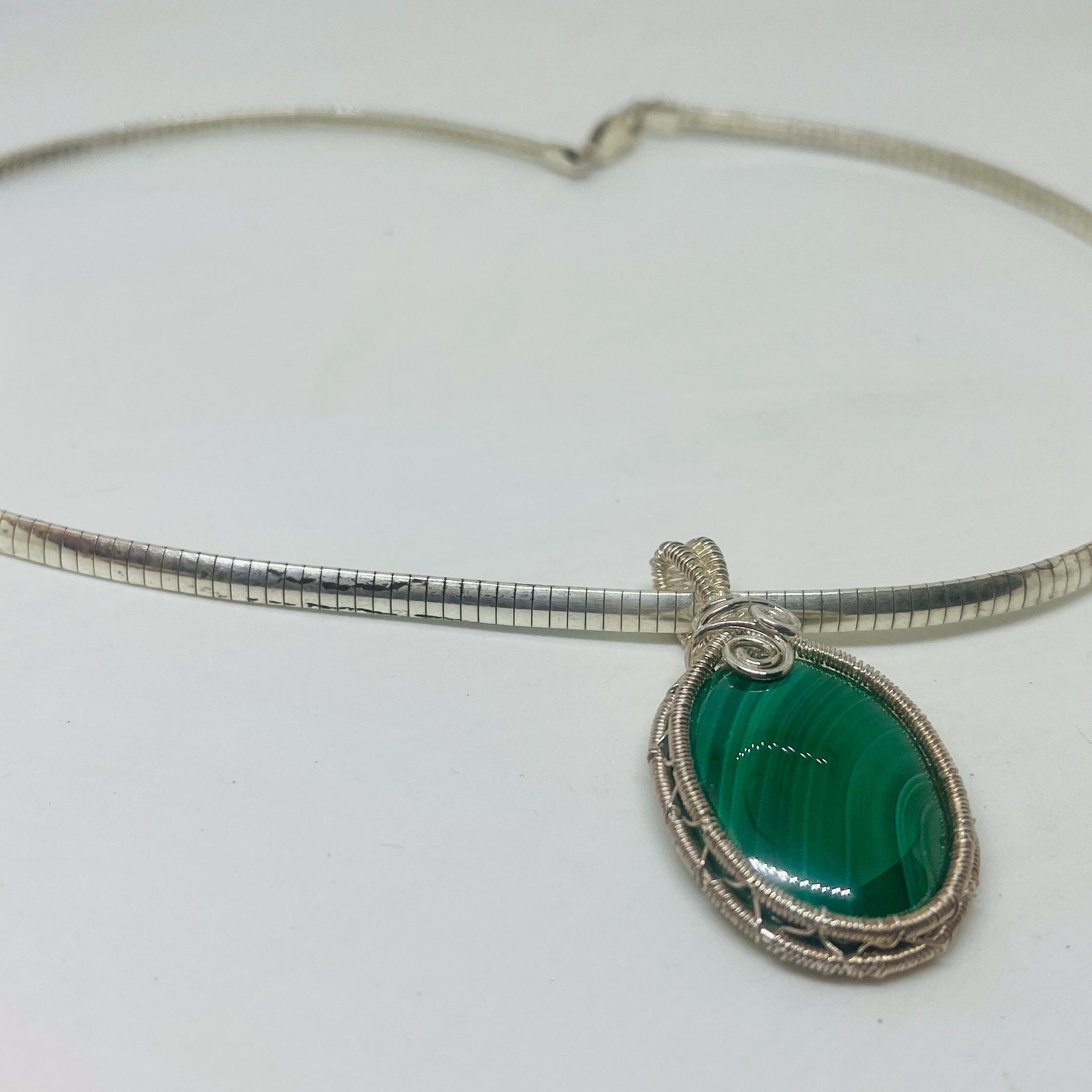 Handmade Malachite Sterling Silver Necklace: Green Stone Pendant - Image 2