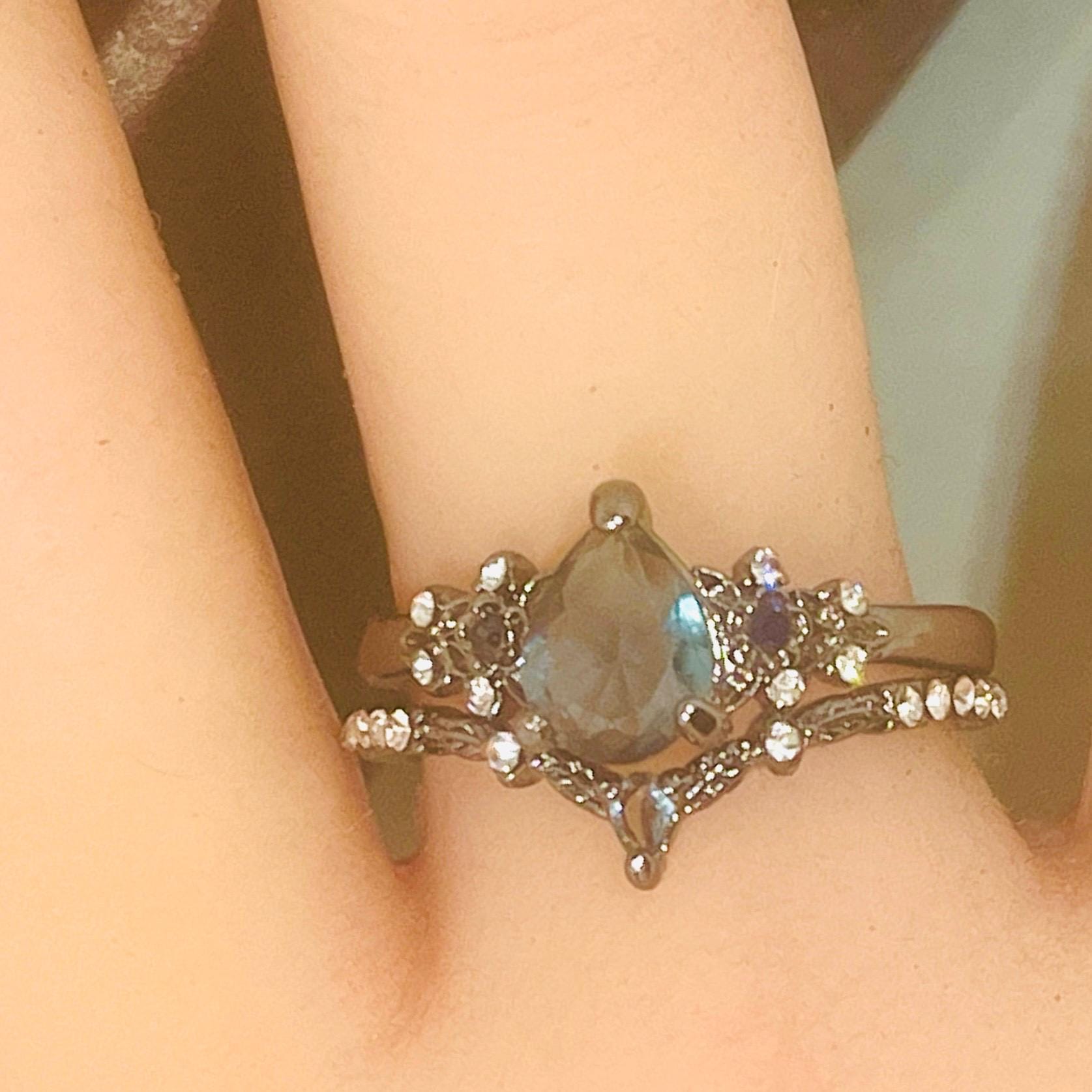 Gothic Pear Cut CZ Ring Set: Black Patina Silver Size 9 - Image 5