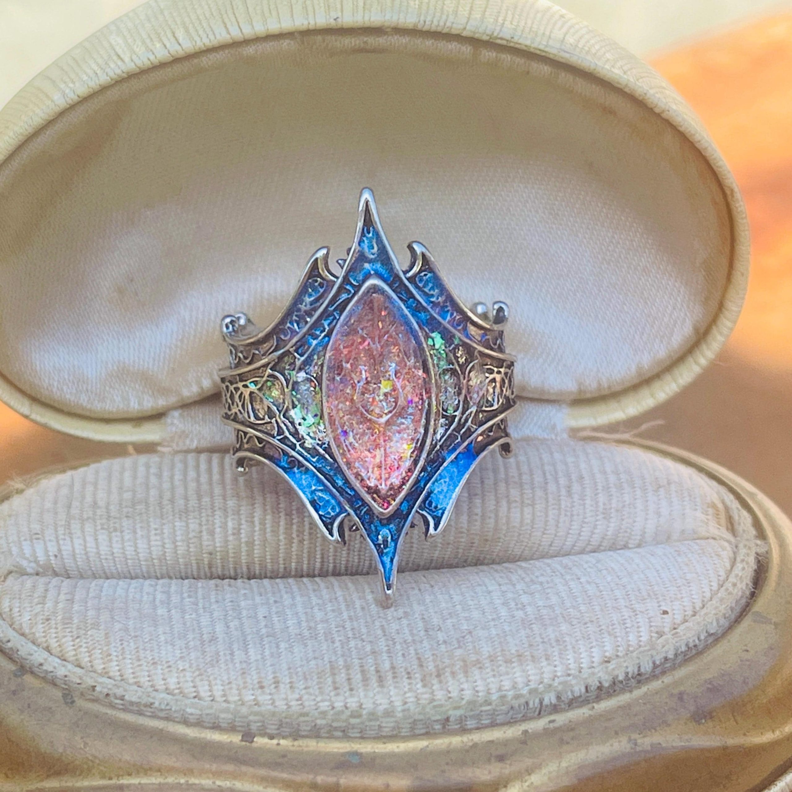 Gothic Stained Glass Window Ring: Aurora Opal Silver Arch - Image 3