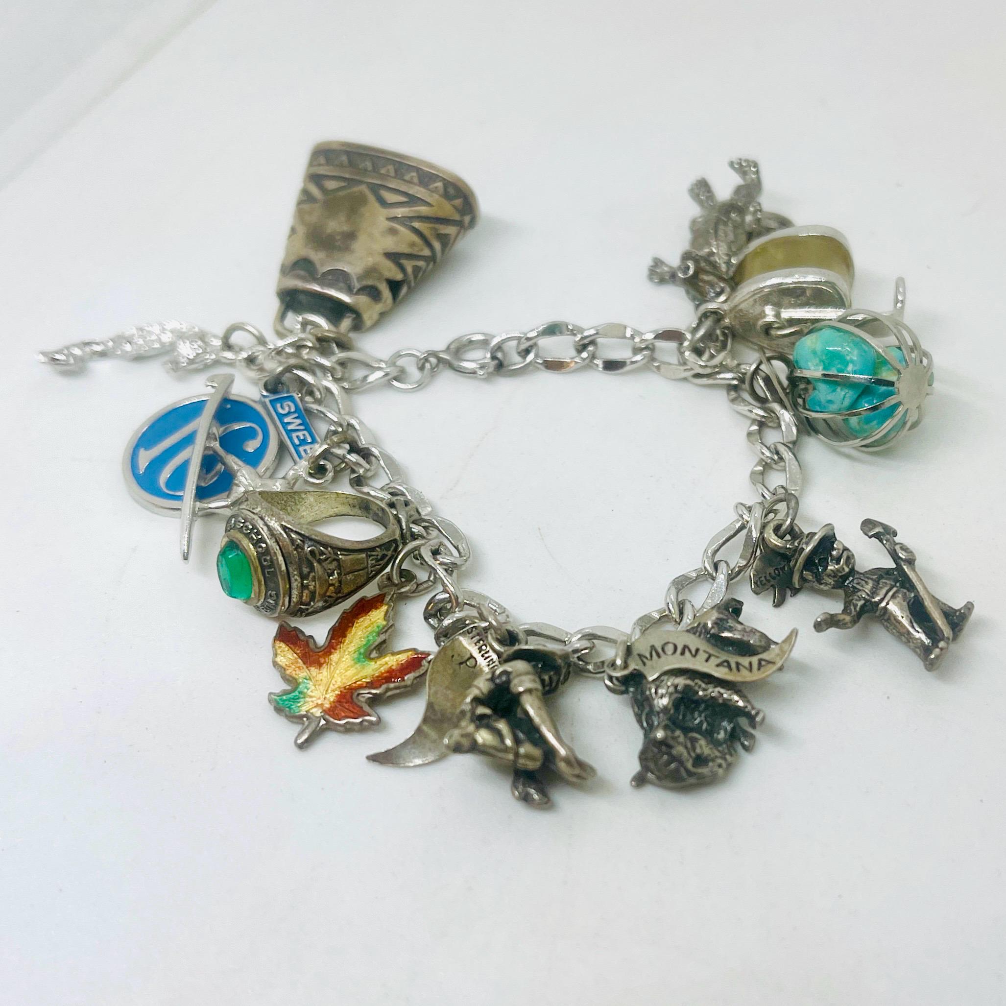 Vintage Sterling Silver Charm Bracelet: Movable Charms, Turquoise Accent - Image 3