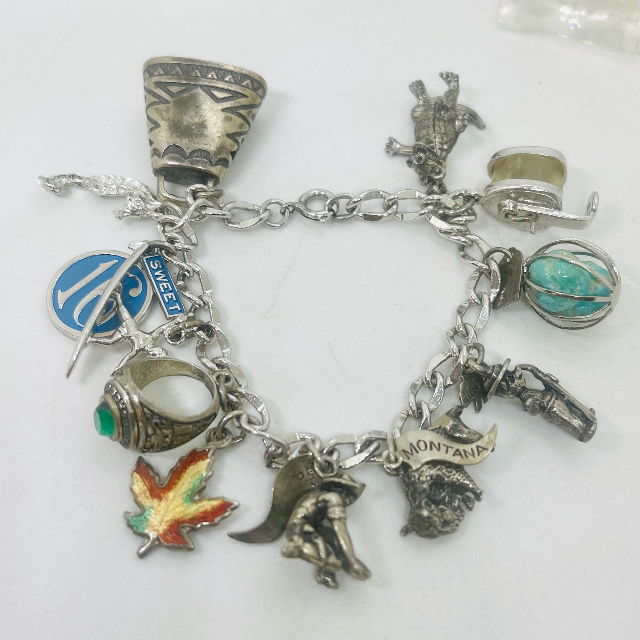Vintage Sterling Silver Charm Bracelet: Movable Charms, Turquoise Accent - Image 8