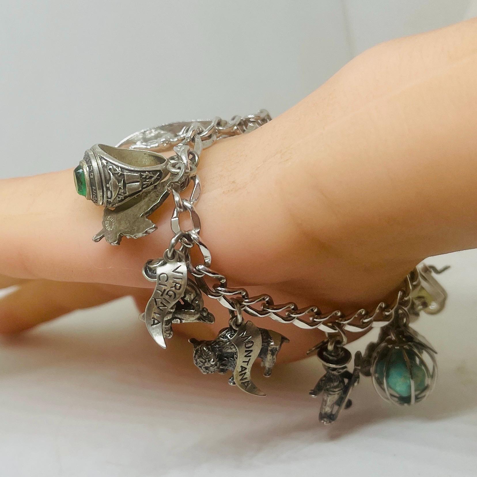 Vintage Sterling Silver Charm Bracelet: Movable Charms, Turquoise Accent - Image 6