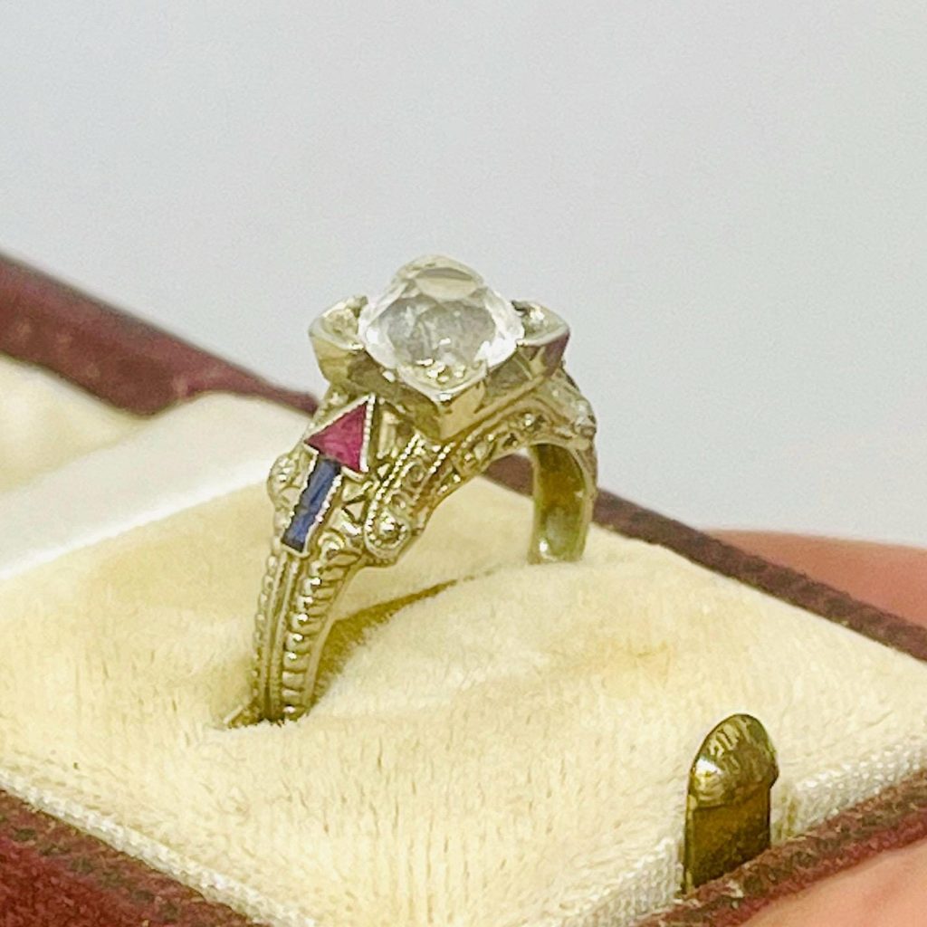 Vintage Diamond Sapphire Ruby Ring: 18k White Gold Anniversary Ring, Size 5