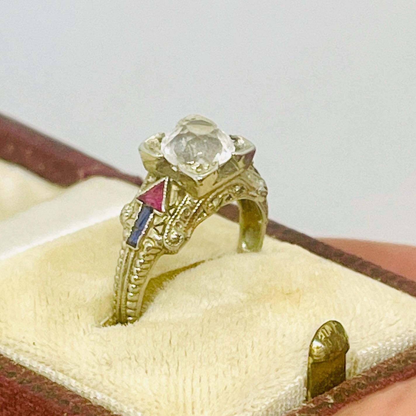 Vintage Diamond Sapphire Ruby Ring: 18k White Gold Anniversary Ring, Size 5