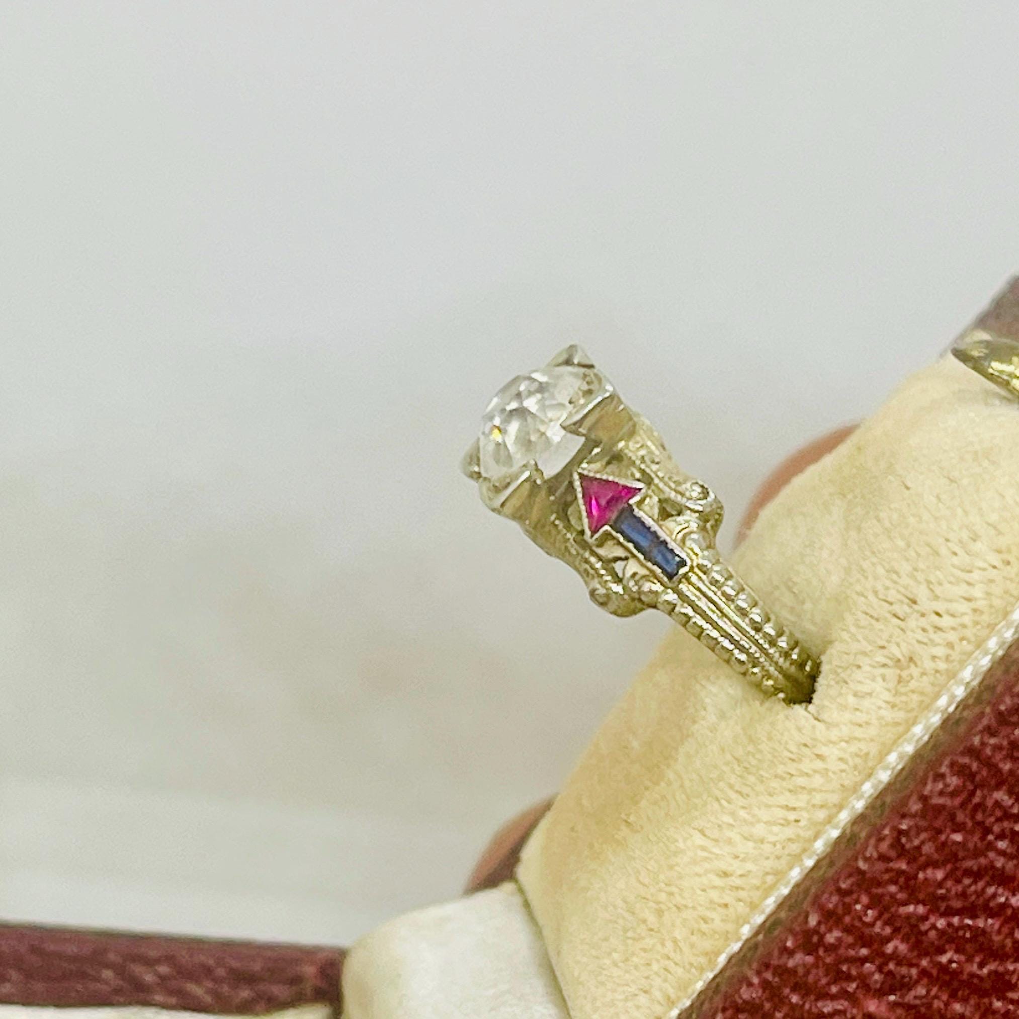Vintage Diamond Sapphire Ruby Ring: 18k White Gold Anniversary Ring, Size 5 - Image 4