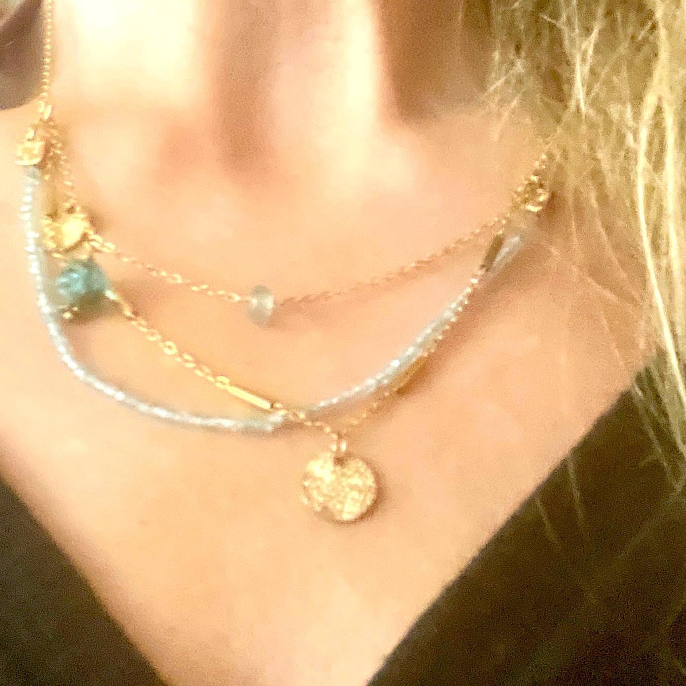 Aquamarine Necklace, Gold Filled Coin Charm, Layered Gemstone - Image 6