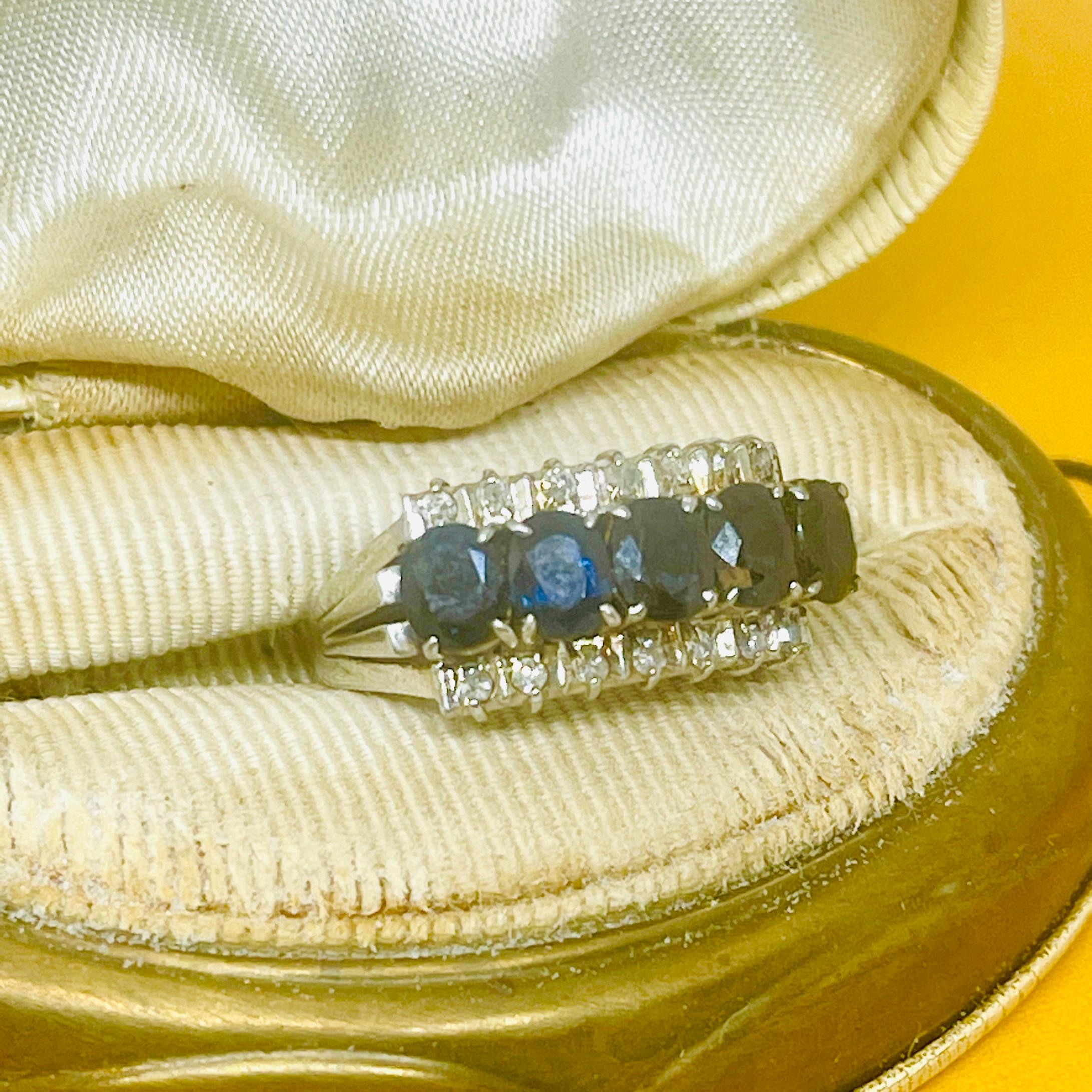 Art Deco Natural Sapphire Diamond Ring: 18kt White Gold Anniversary Ring, Size 6 - Image 7