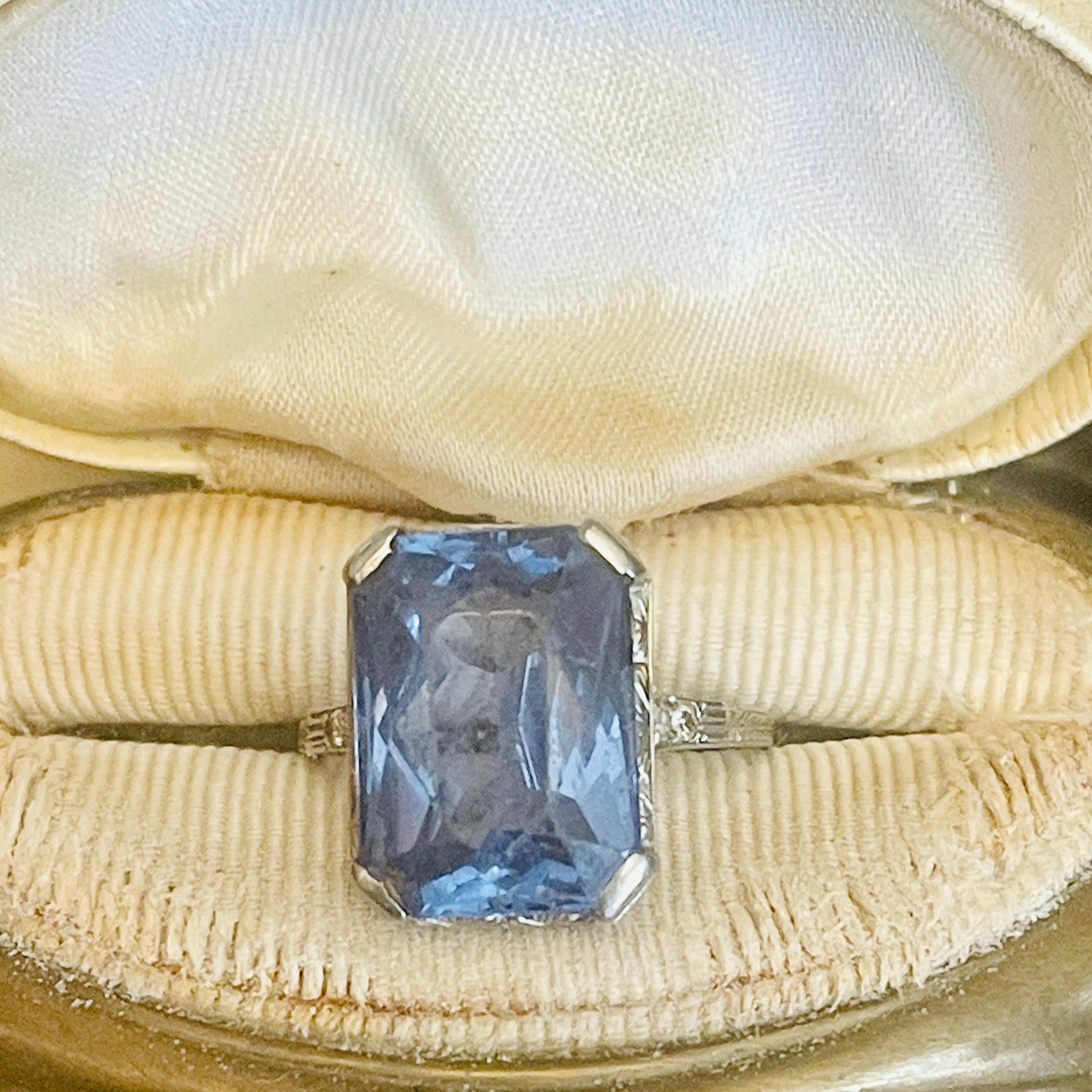 Art Deco 14kt gold Ring: Cornflower Blue Topaz, Diamond Accents, Size 9.5