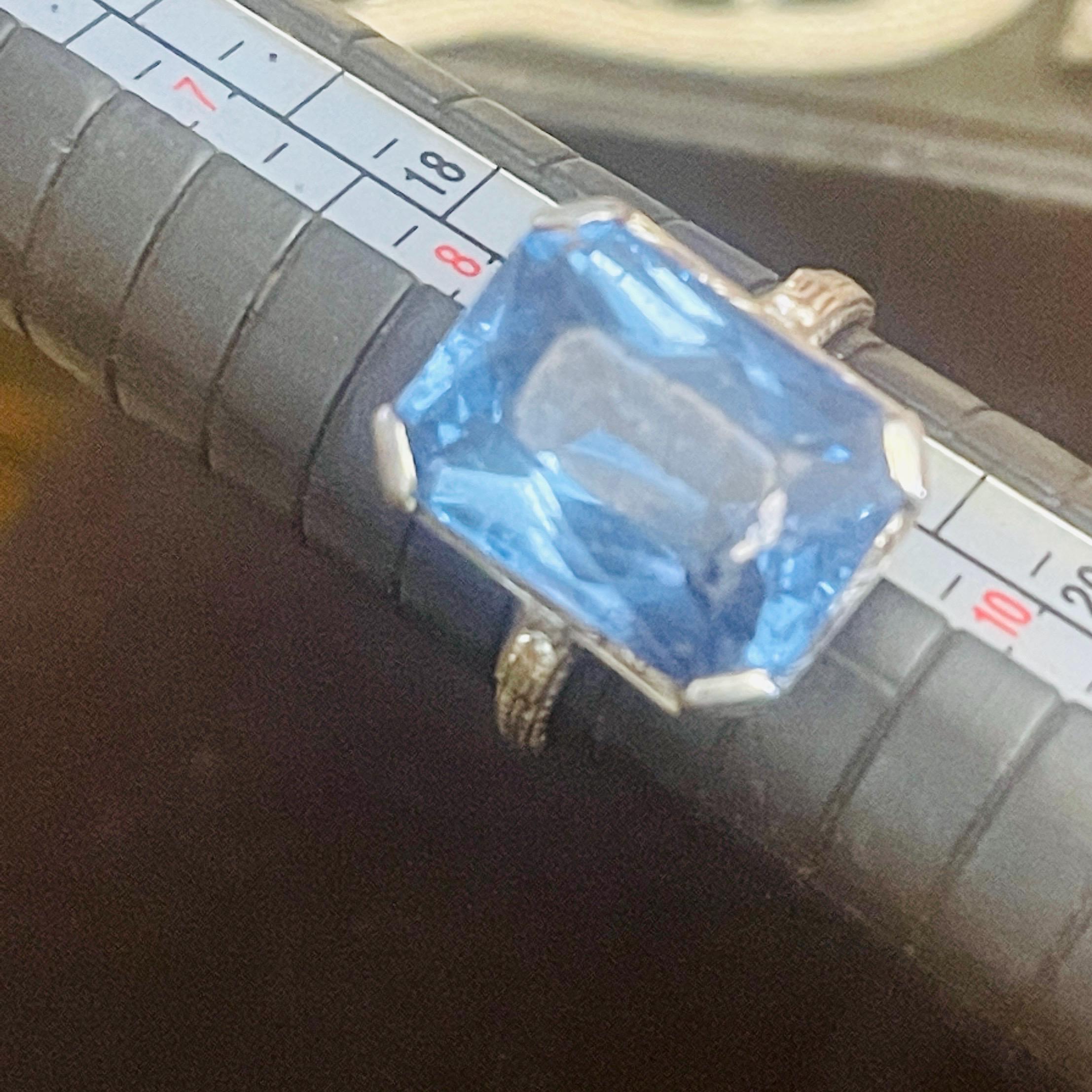 Art Deco 14kt gold Ring: Cornflower Blue Topaz, Diamond Accents, Size 9.5 - Image 2