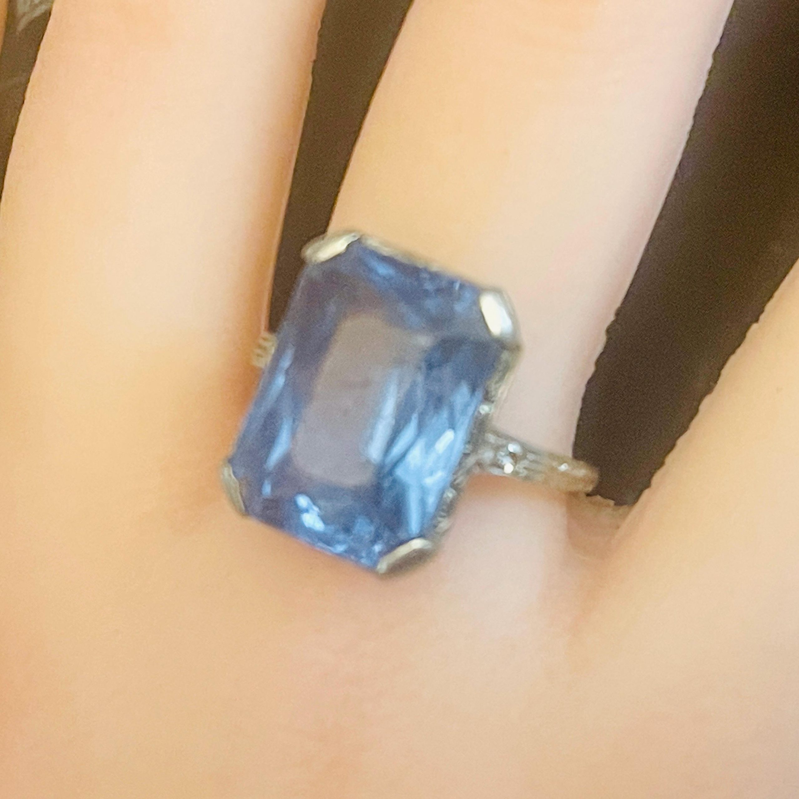 Art Deco 14kt gold Ring: Cornflower Blue Topaz, Diamond Accents, Size 9.5 - Image 6