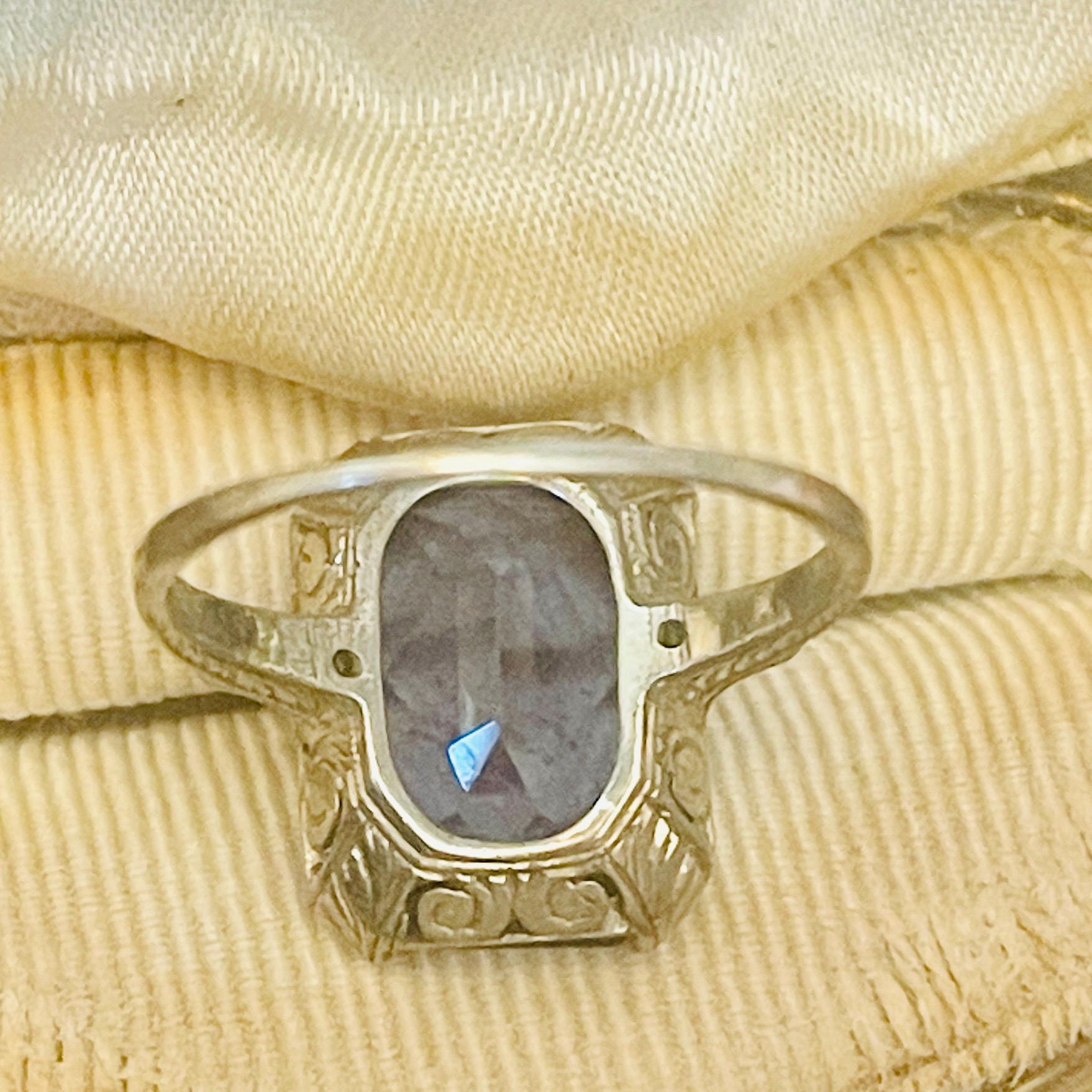 Art Deco 14kt gold Ring: Cornflower Blue Topaz, Diamond Accents, Size 9.5 - Image 5