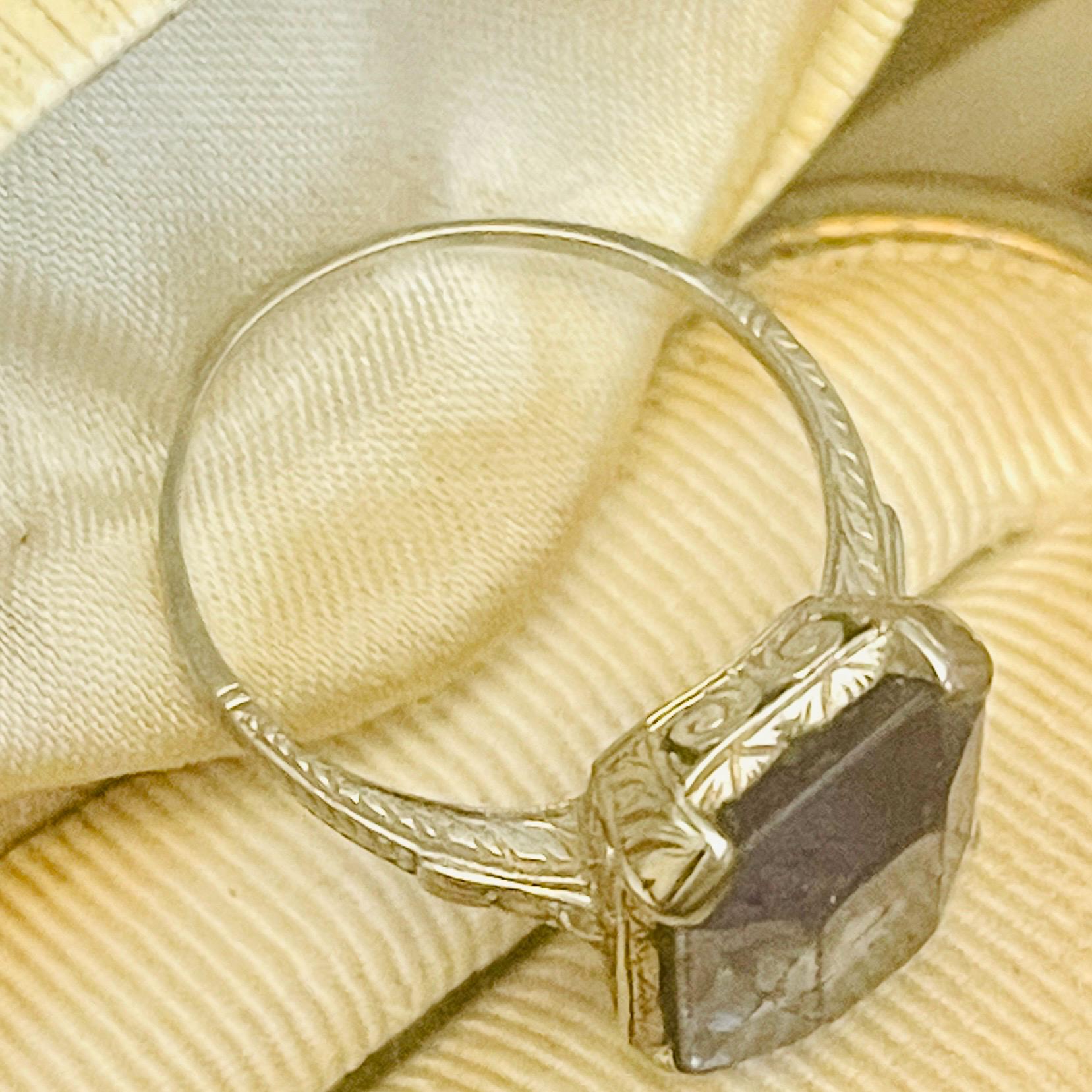 Art Deco 14kt gold Ring: Cornflower Blue Topaz, Diamond Accents, Size 9.5 - Image 4