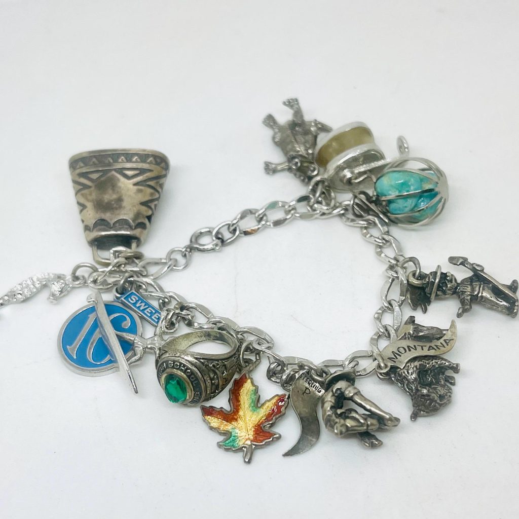 Vintage Sterling Silver Charm Bracelet: Movable Charms, Turquoise Accent