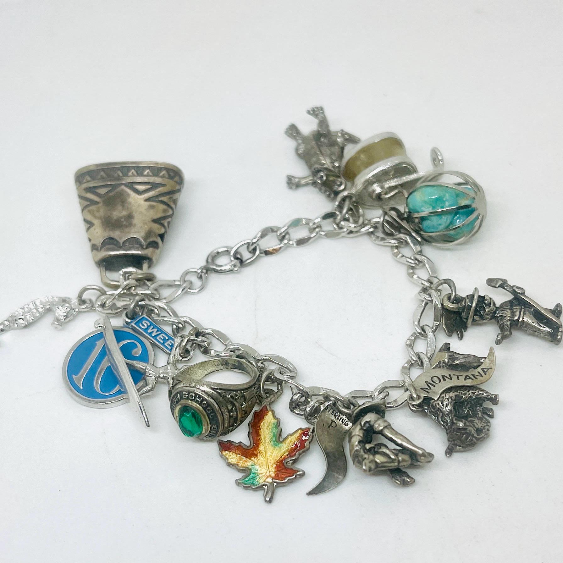Vintage Sterling Silver Charm Bracelet: Movable Charms, Turquoise Accent