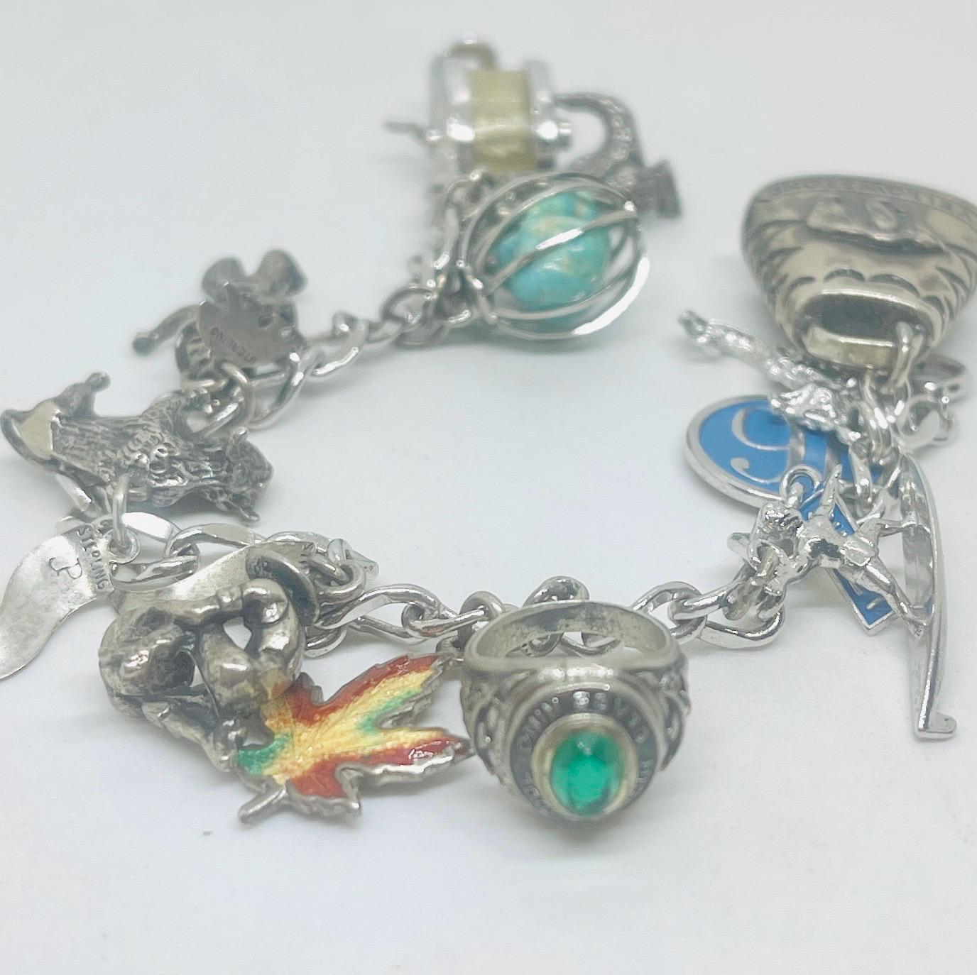 Vintage Sterling Silver Charm Bracelet: Movable Charms, Turquoise Accent - Image 2