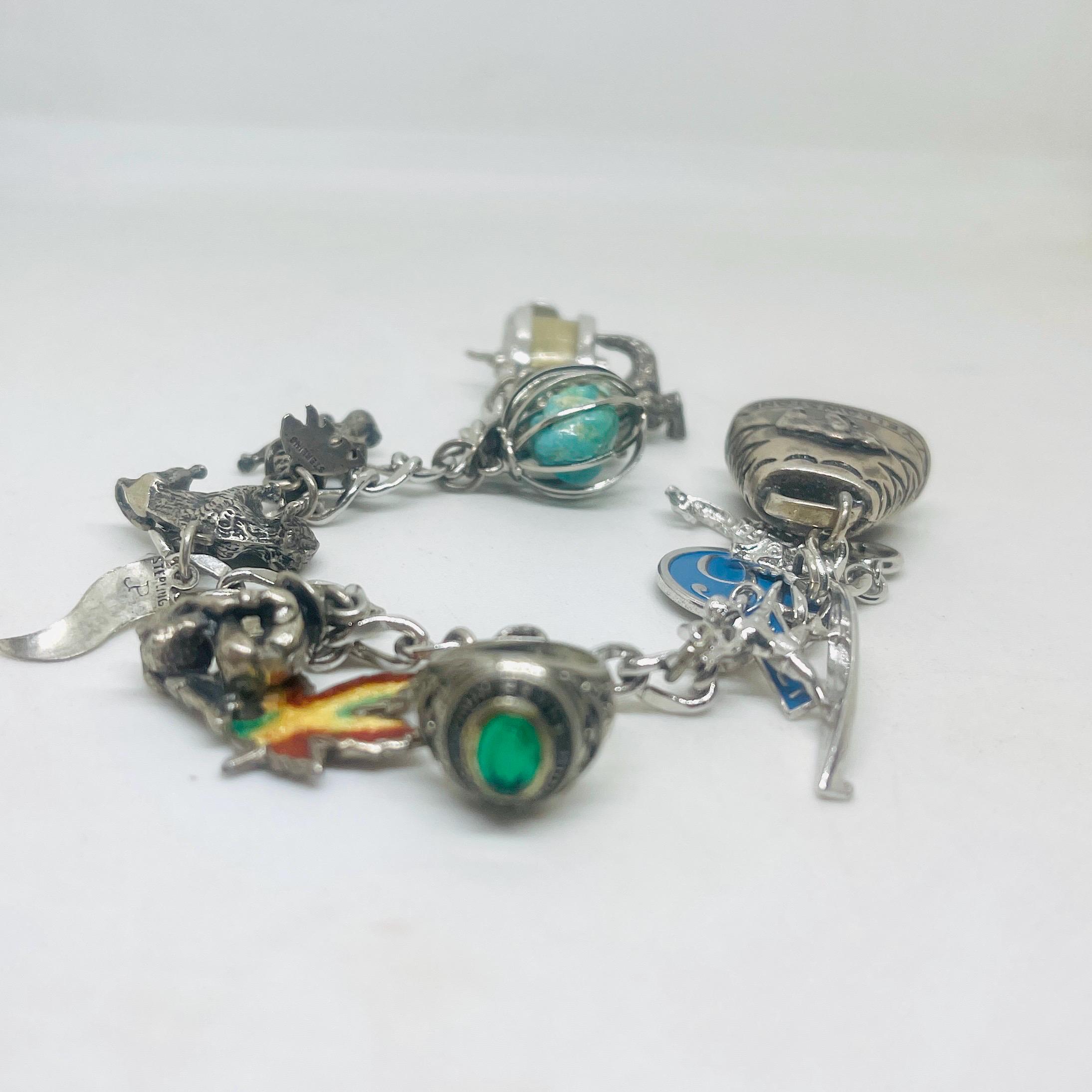 Vintage Sterling Silver Charm Bracelet: Movable Charms, Turquoise Accent - Image 4