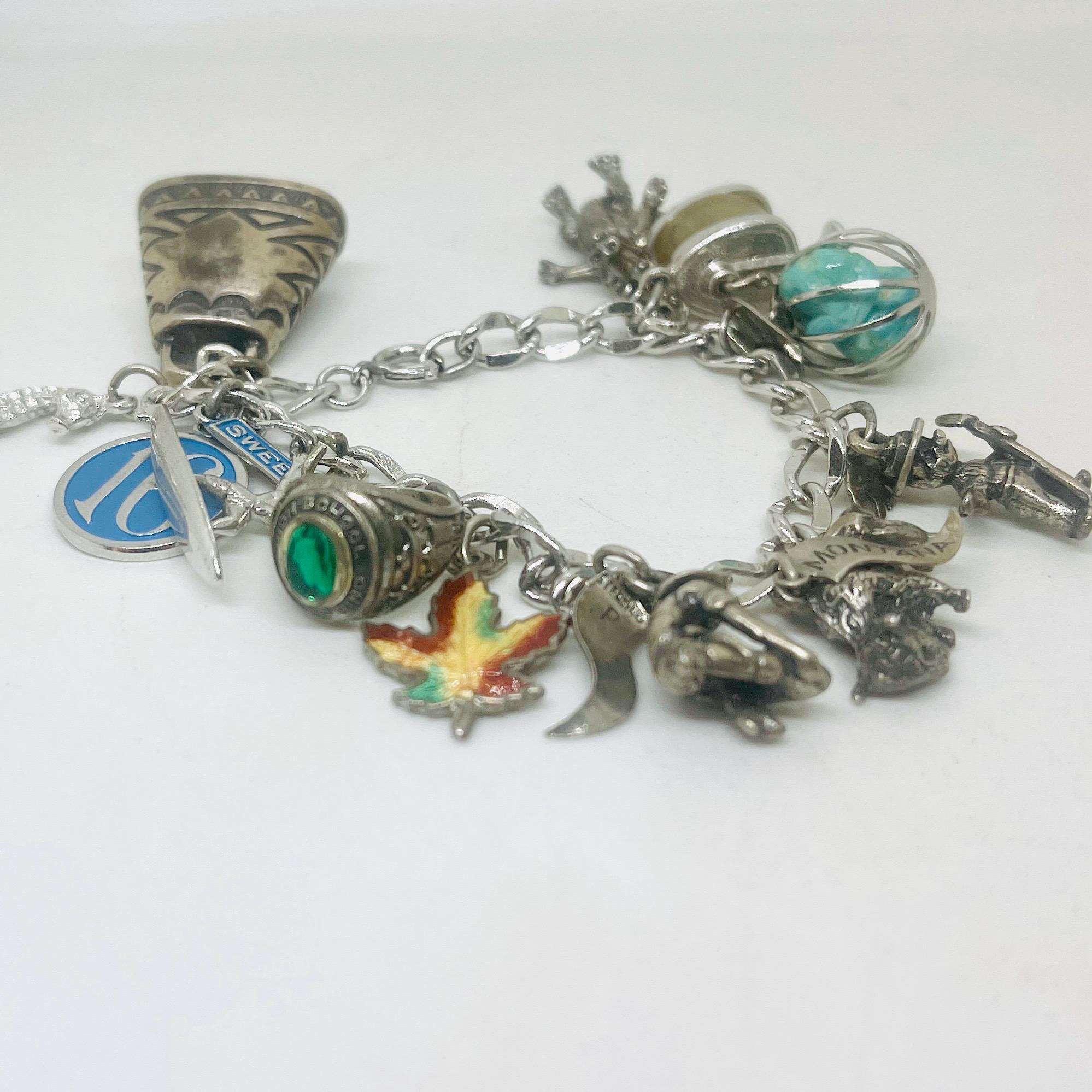 Vintage Sterling Silver Charm Bracelet: Movable Charms, Turquoise Accent - Image 5
