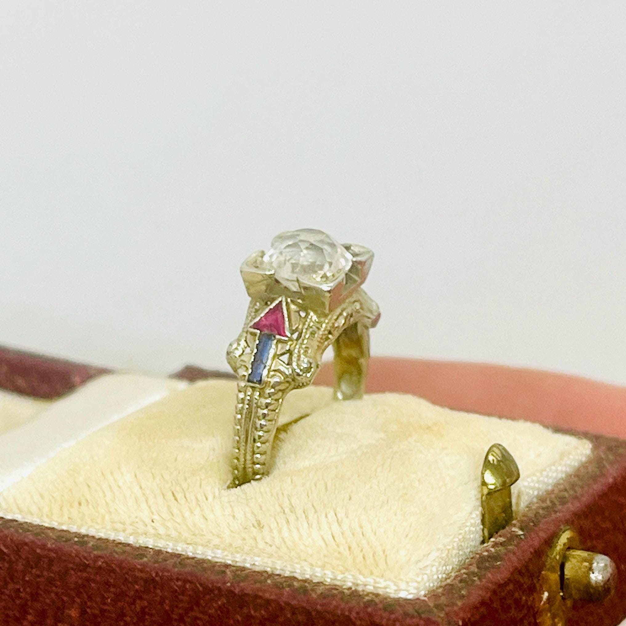 Vintage Diamond Sapphire Ruby Ring: 18k White Gold Anniversary Ring, Size 5 - Image 2