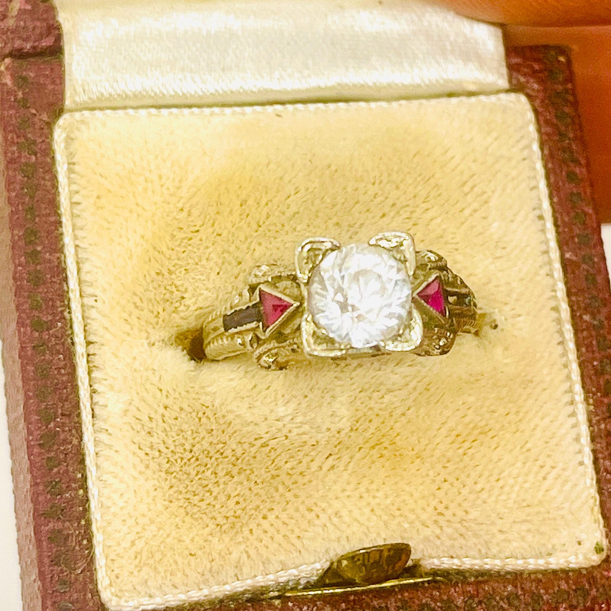 Vintage Diamond Sapphire Ruby Ring: 18k White Gold Anniversary Ring, Size 5 - Image 6