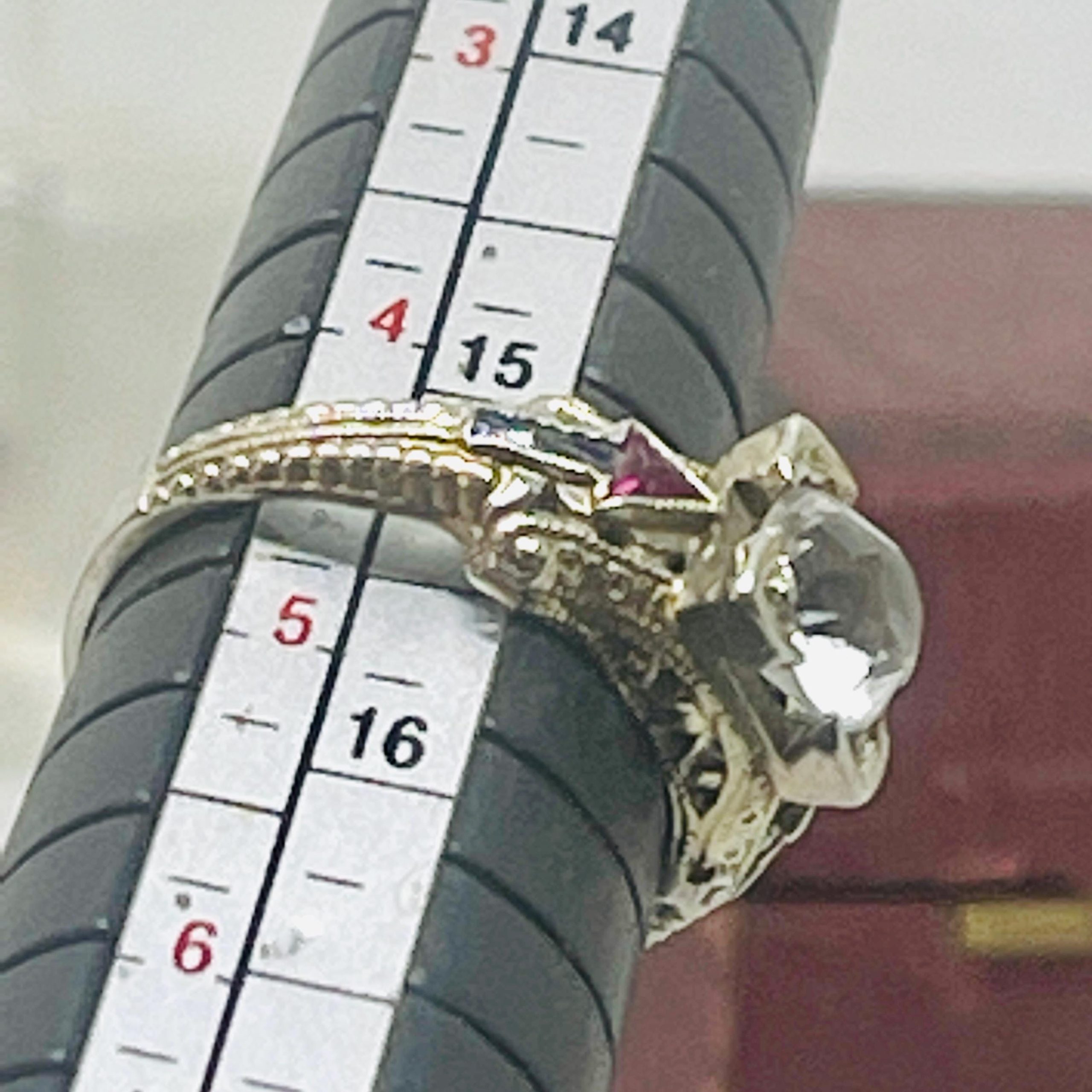 Vintage Diamond Sapphire Ruby Ring: 18k White Gold Anniversary Ring, Size 5 - Image 9