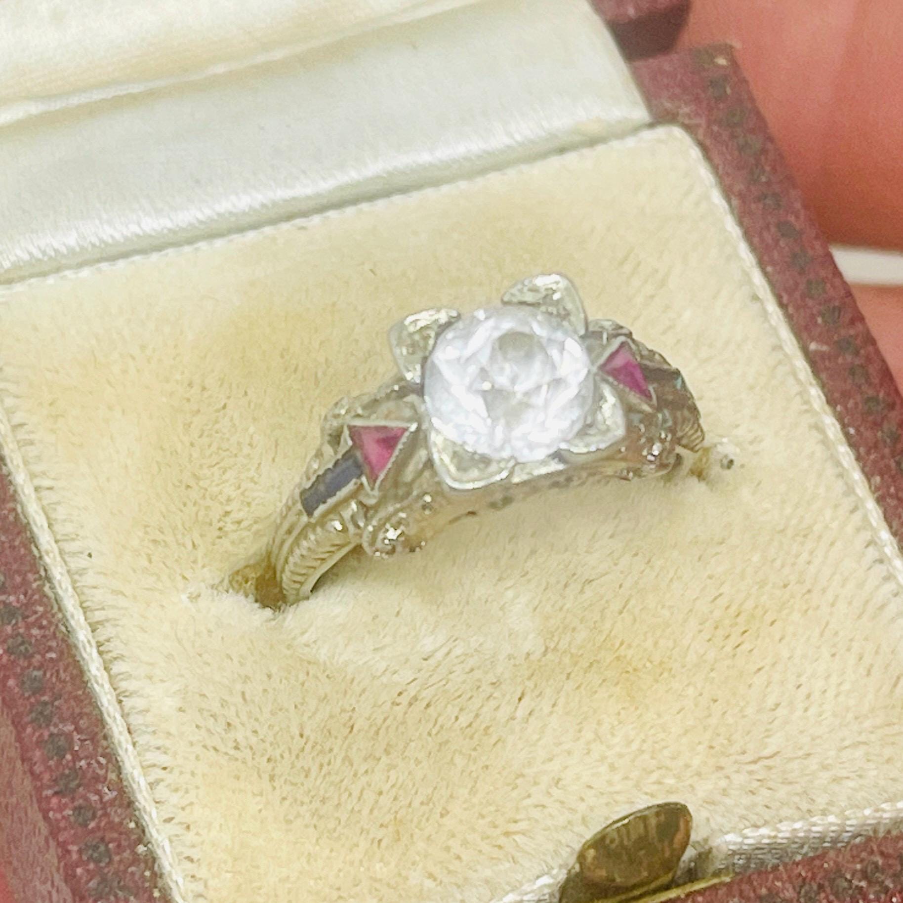 Vintage Diamond Sapphire Ruby Ring: 18k White Gold Anniversary Ring, Size 5 - Image 7