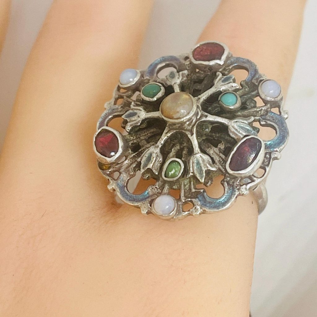Edwardian Sterling Silver Enamel Ring: Opal, Moonstone & Garnet