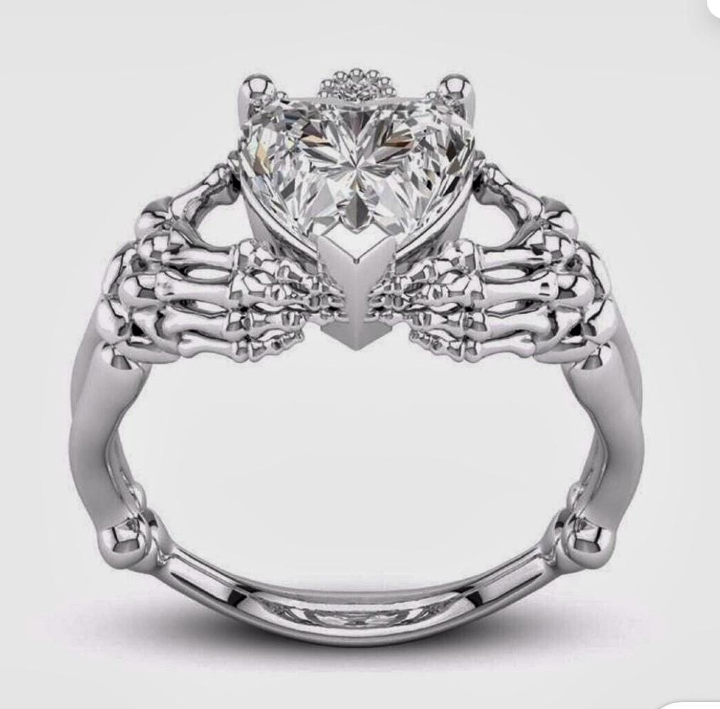Gothic Claddagh Ring: Sterling Silver Crowned Heart & Skeleton Hands