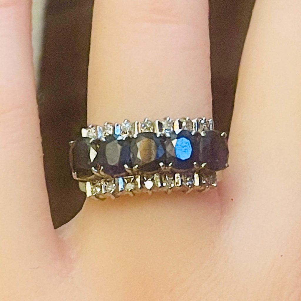 Art Deco Natural Sapphire Diamond Ring: 18kt White Gold Anniversary Ring, Size 6