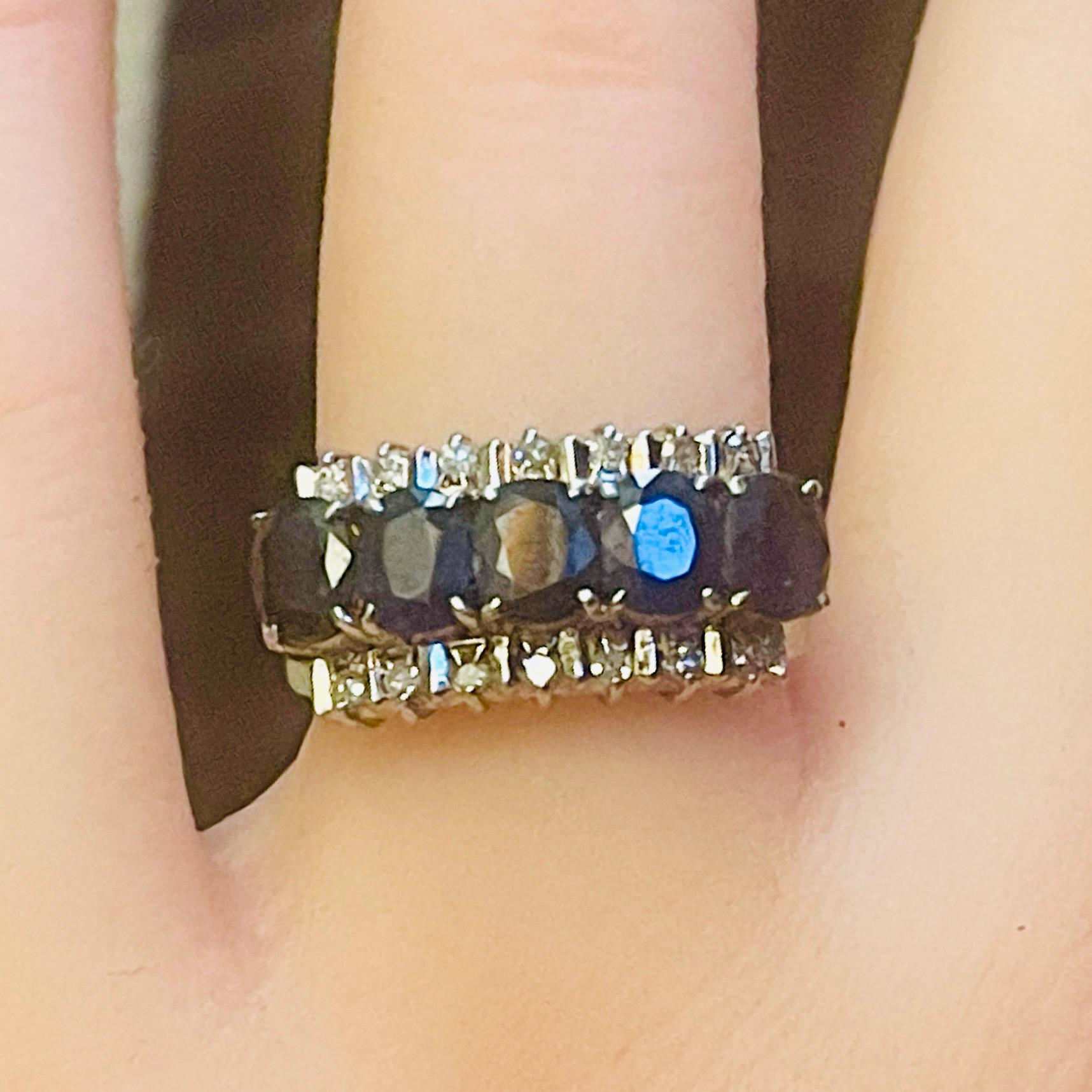 Art Deco Natural Sapphire Diamond Ring: 18kt White Gold Anniversary Ring, Size 6