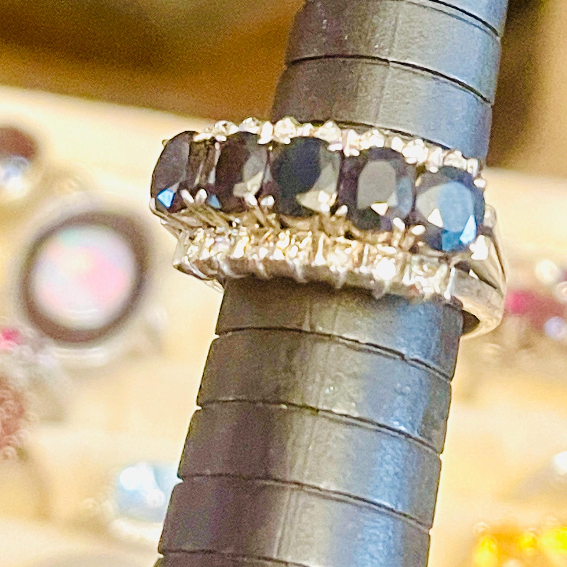 Art Deco Natural Sapphire Diamond Ring: 18kt White Gold Anniversary Ring, Size 6 - Image 5