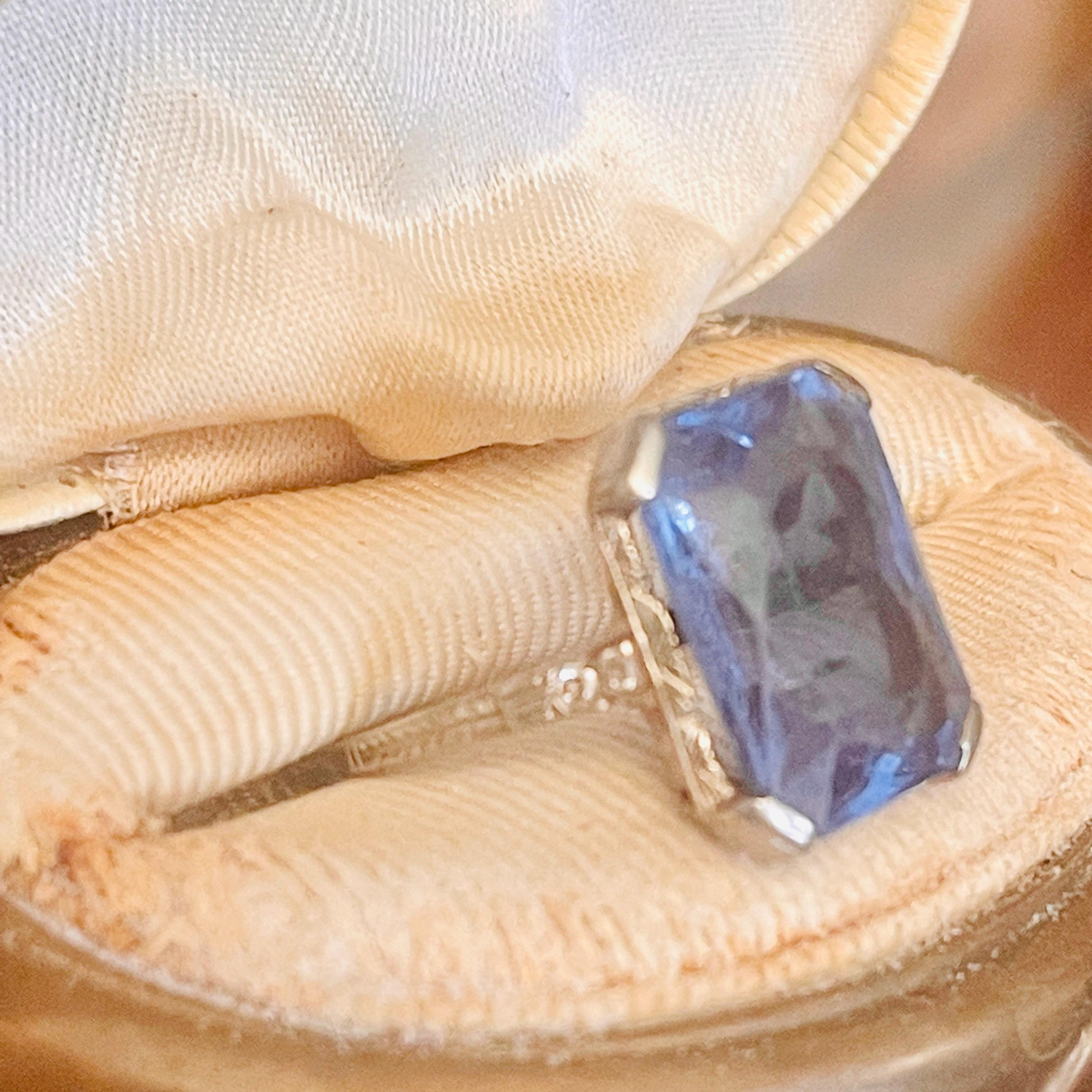 Art Deco 14kt gold Ring: Cornflower Blue Topaz, Diamond Accents, Size 9.5 - Image 8