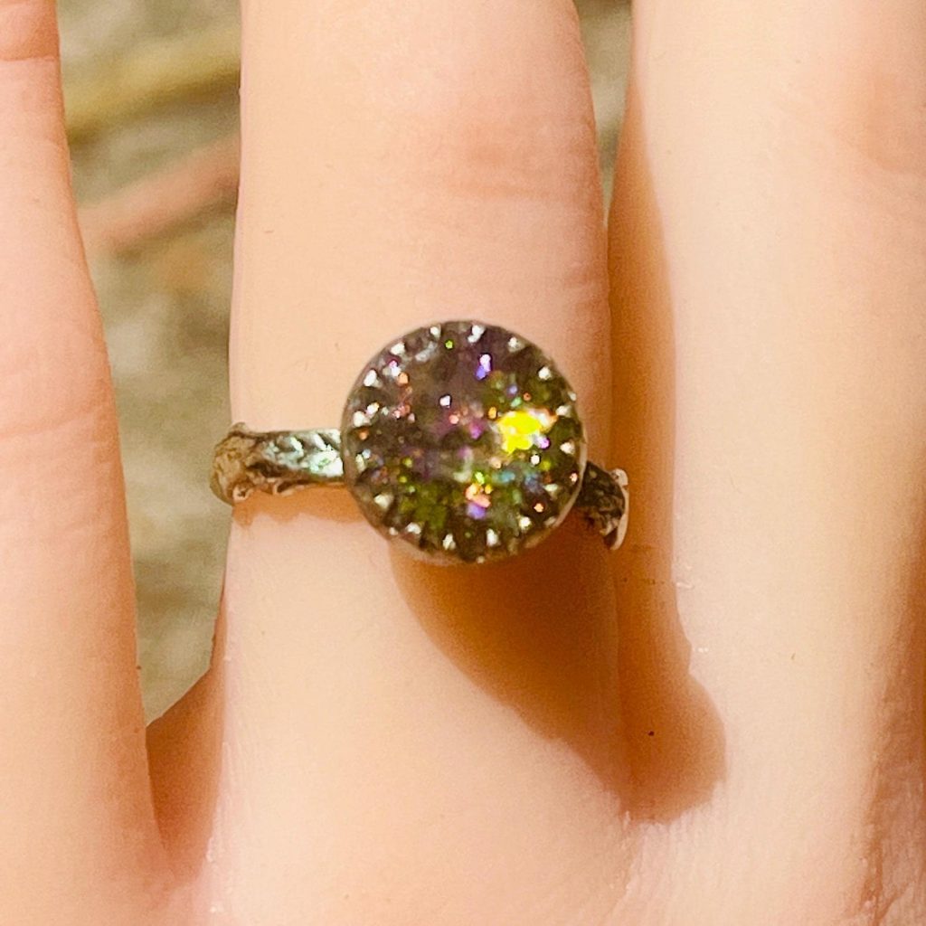 Handmade Madrone Resin Opal Ring: Silver Fairytale Jewelry