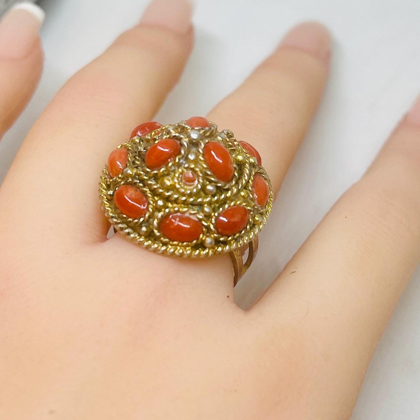 Vintage Orange Coral Ring: Yellow Gold over Sterling Silver, Adjustable Band