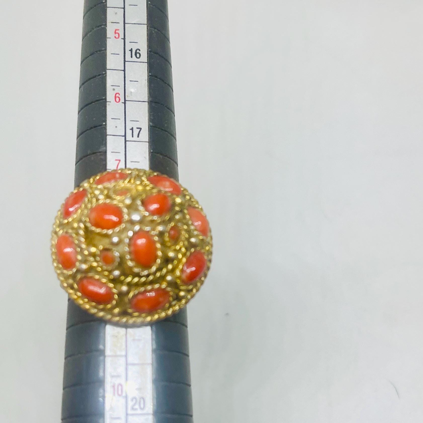 Vintage Orange Coral Ring: Yellow Gold over Sterling Silver, Adjustable Band - Image 3
