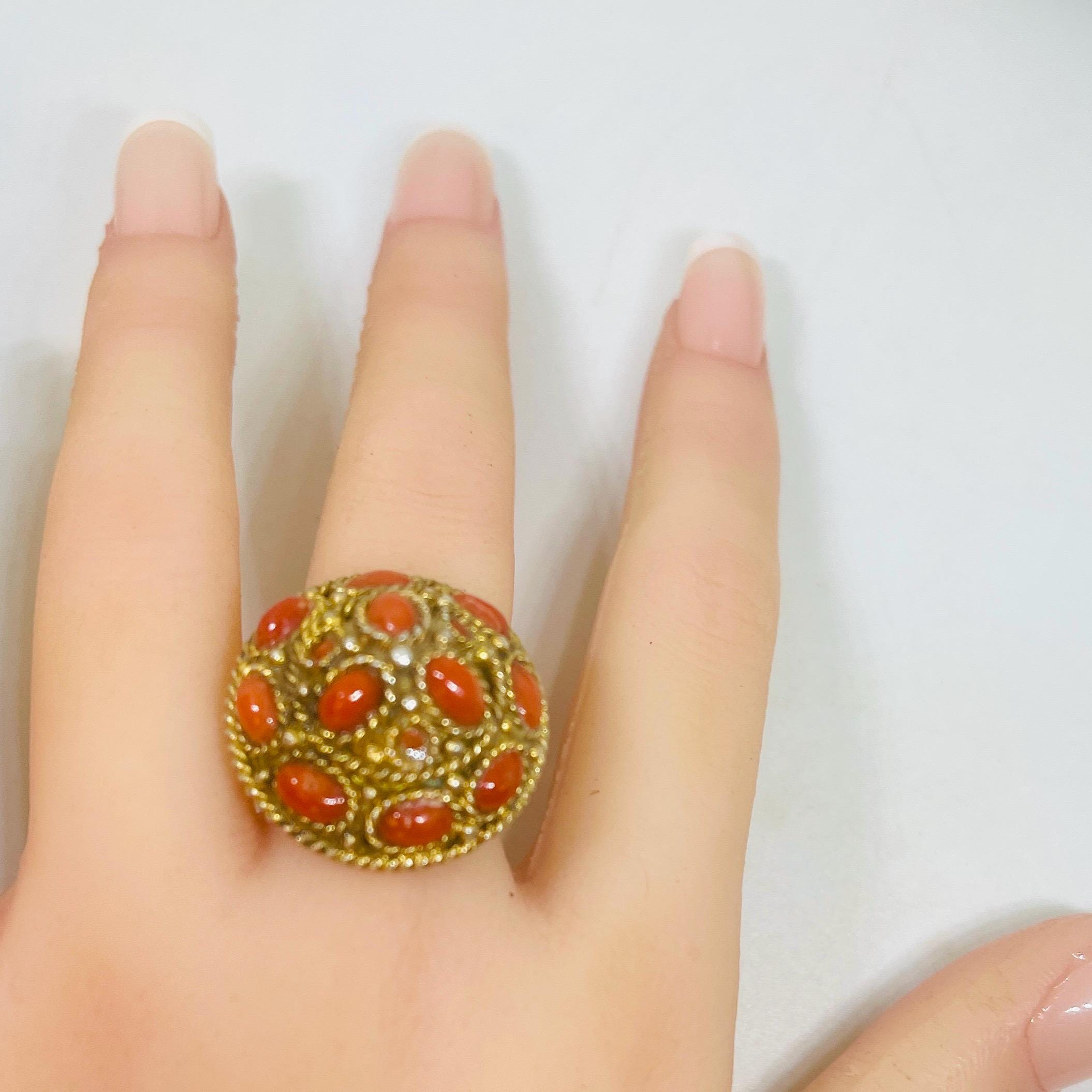 Vintage Orange Coral Ring: Yellow Gold over Sterling Silver, Adjustable Band - Image 4