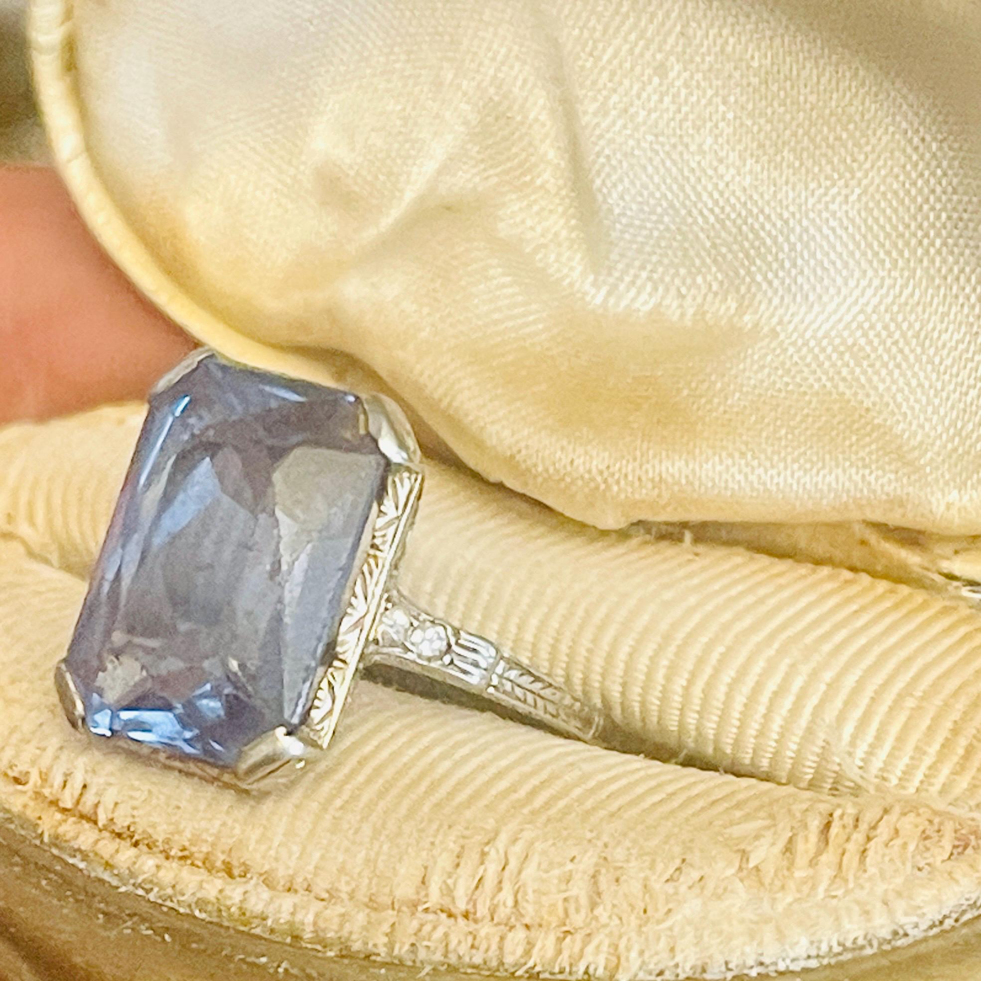 Art Deco 14kt gold Ring: Cornflower Blue Topaz, Diamond Accents, Size 9.5 - Image 10