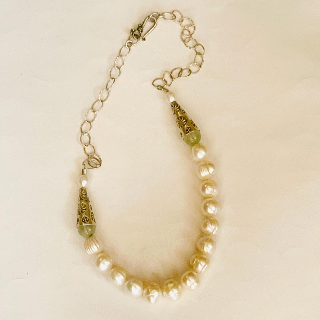 Vintage Cultured Pearl Necklace: Sterling silver prehnite green necklace short adjustable chain