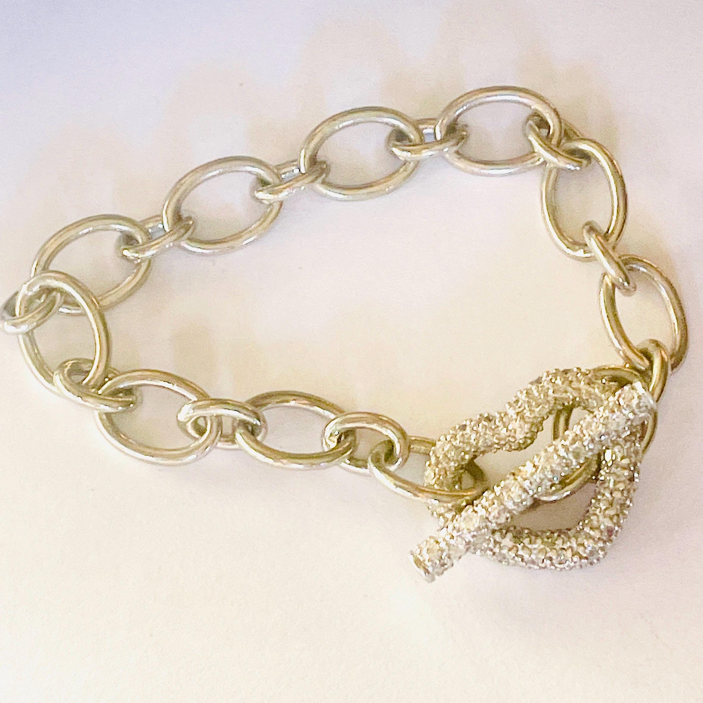 Natural Diamond Heart Clasp Bracelet: Sterling Silver Charm Link, 7 Inch