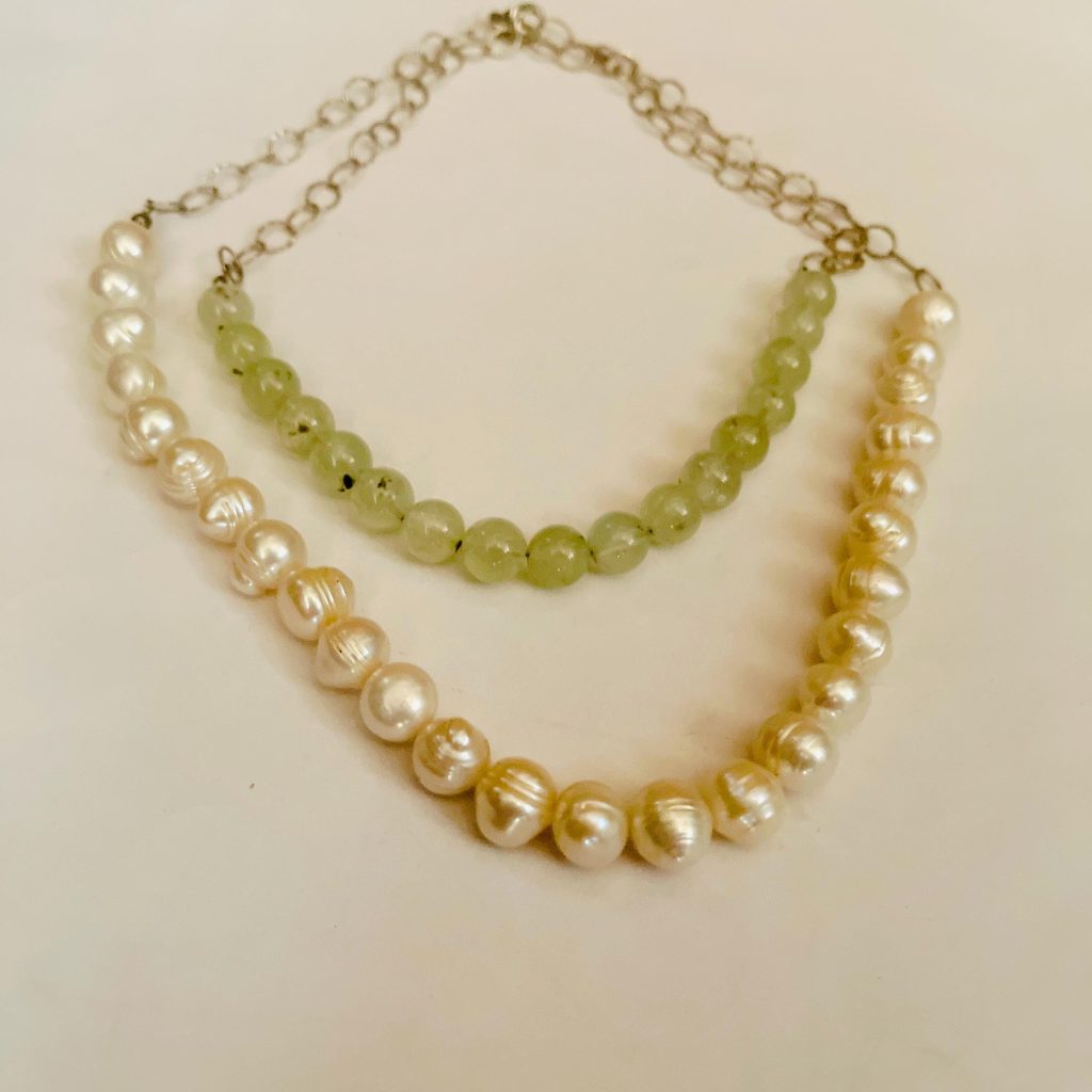 Vintage Cultured Pearl Necklace: Sterling silver prehnite green necklace double strand chain
