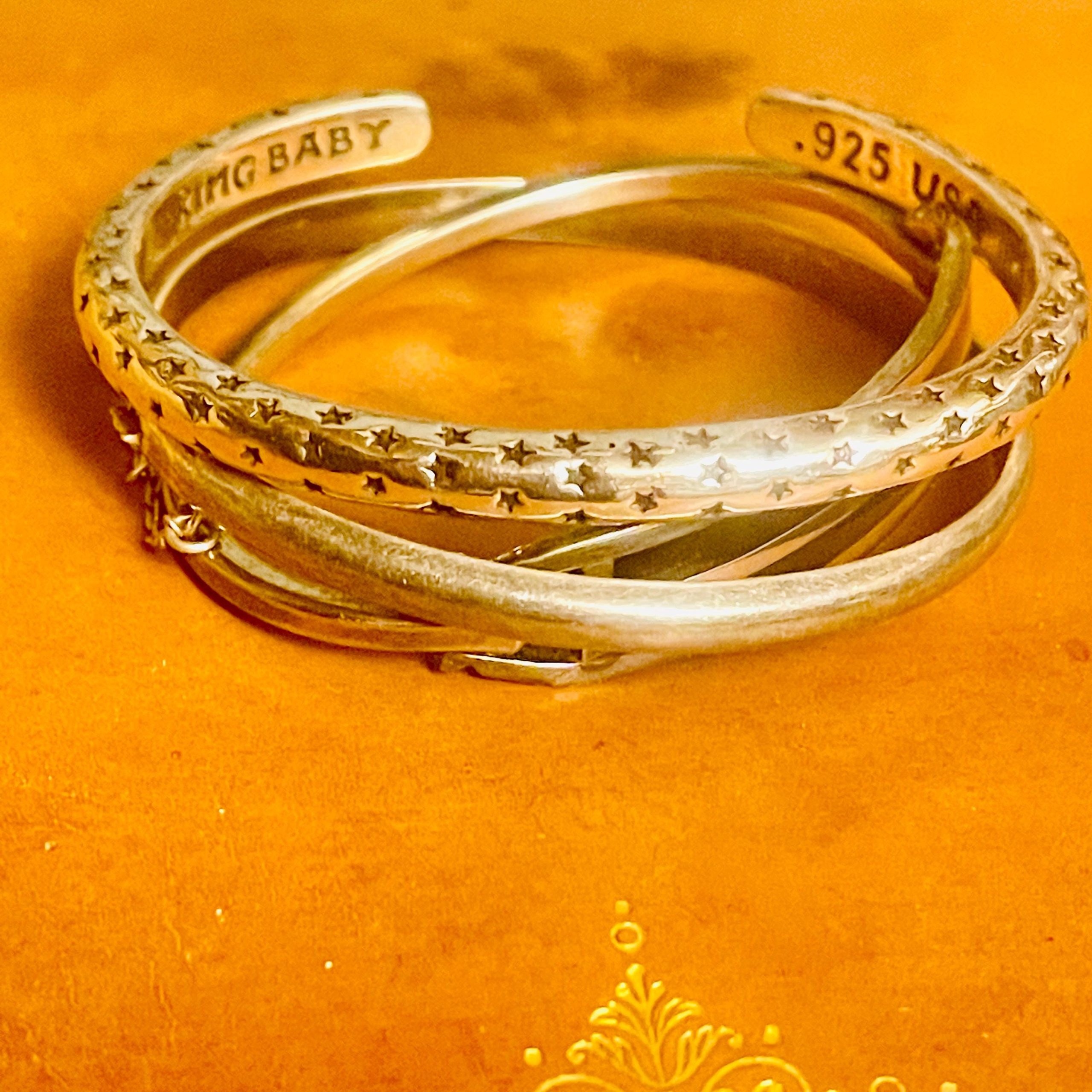 Vintage Sterling Silver Bracelets: Onyx Clasp Bracelet, Star Cuff, Silver bangle with safety chain - Image 3