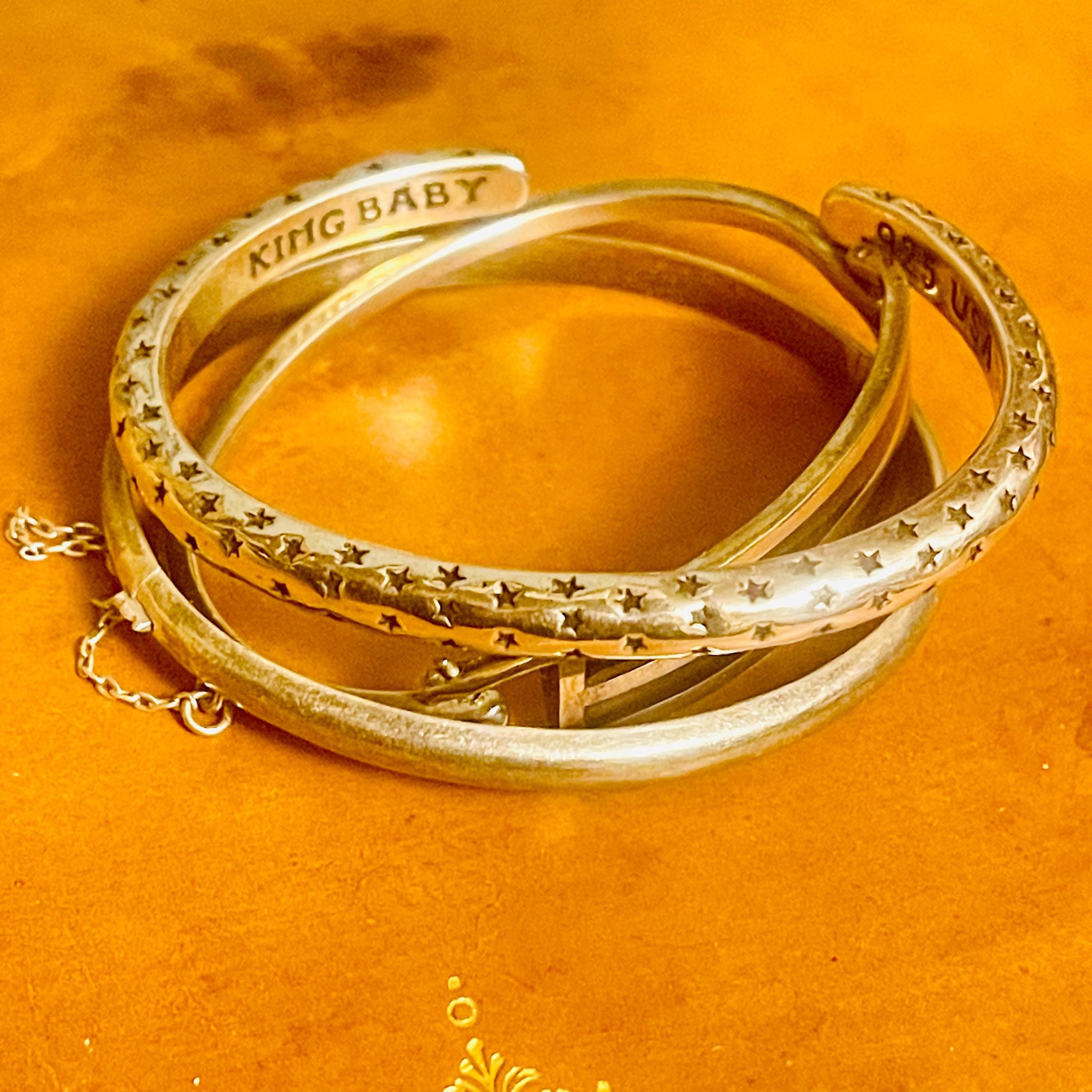 Vintage Sterling Silver Bracelets: Onyx Clasp Bracelet, Star Cuff, Silver bangle with safety chain - Image 2