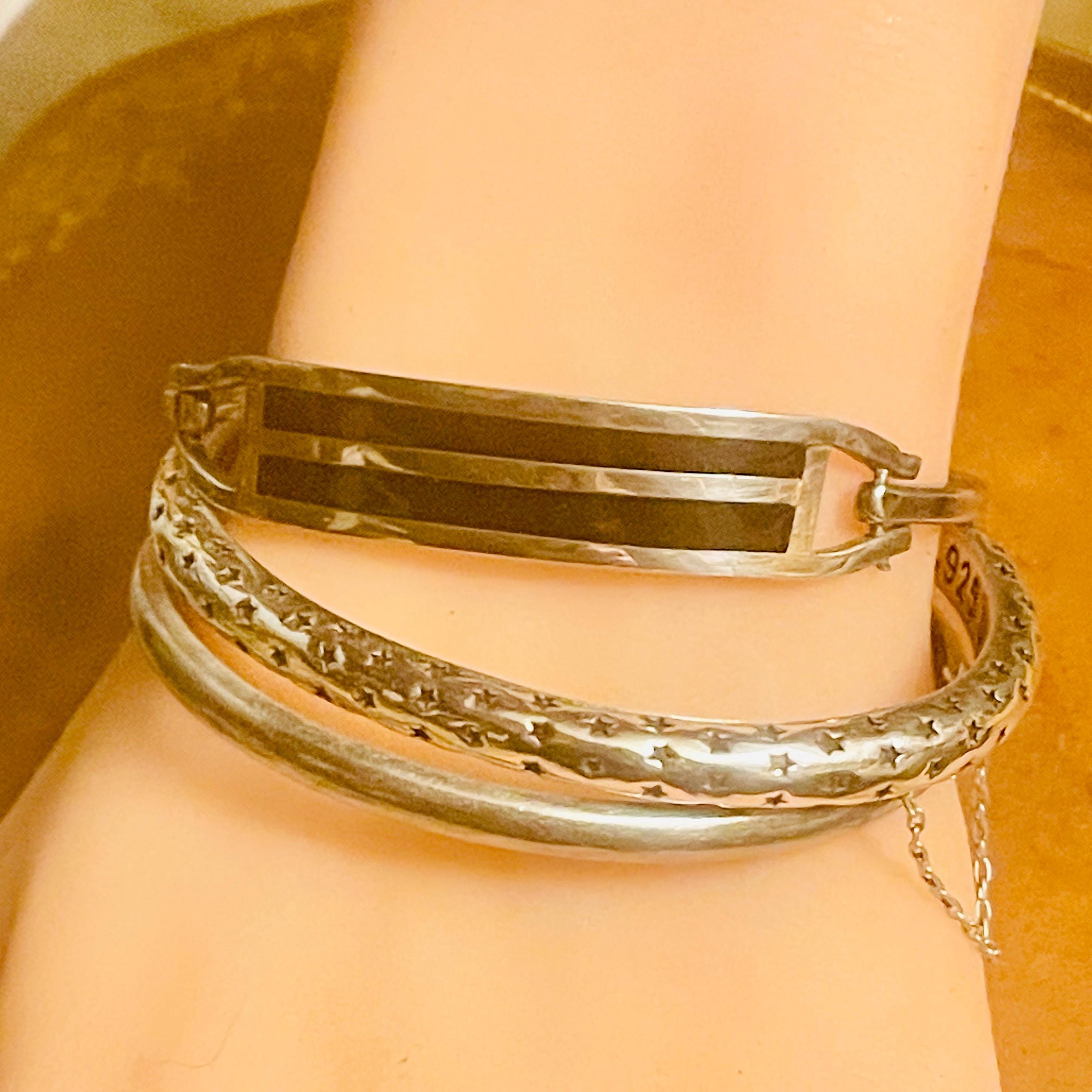 Vintage Sterling Silver Bracelets: Onyx Clasp Bracelet, Star Cuff, Silver bangle with safety chain - Image 9
