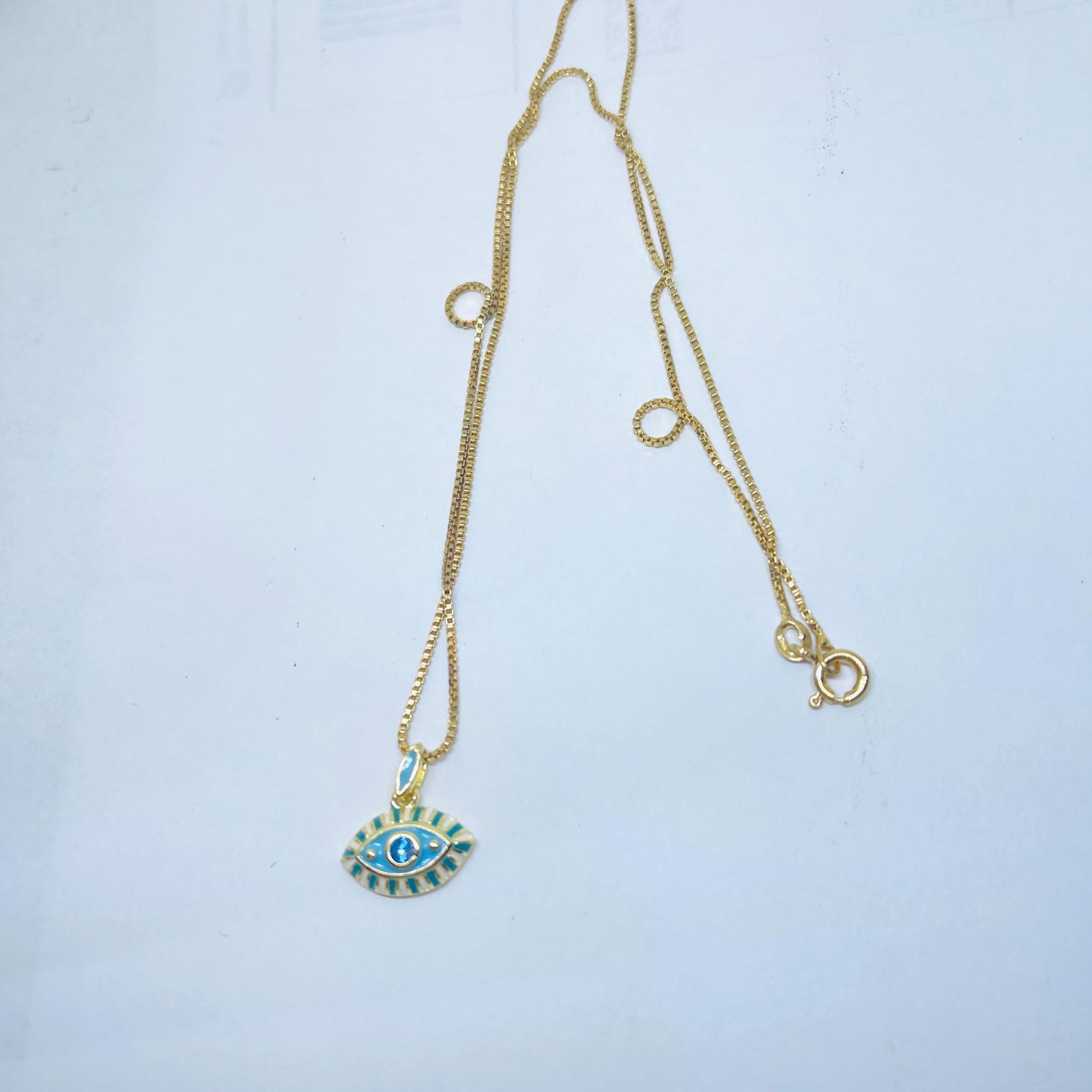 18K Gold Evil Eye Necklace: Handmade Squared box Chain - Image 6