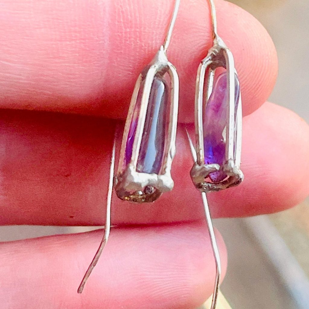 Handmade Sterling Silver Amethyst Drop Earrings: Caged Crystal Jewelry