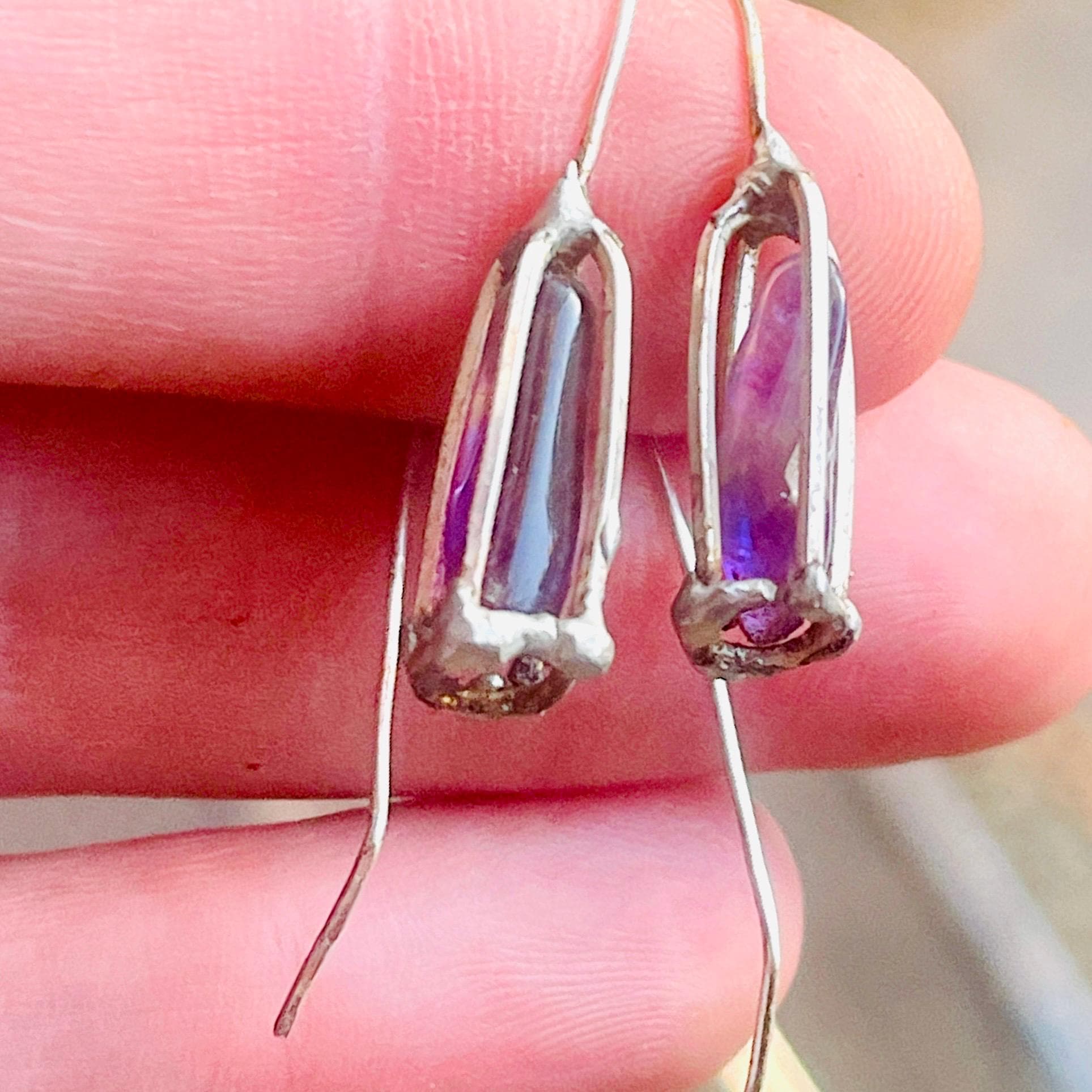 Handmade Sterling Silver Amethyst Drop Earrings: Caged Crystal Jewelry